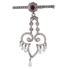 Edwardian 18kt. yellow and white gold bar brooch with diamonds and ruby 