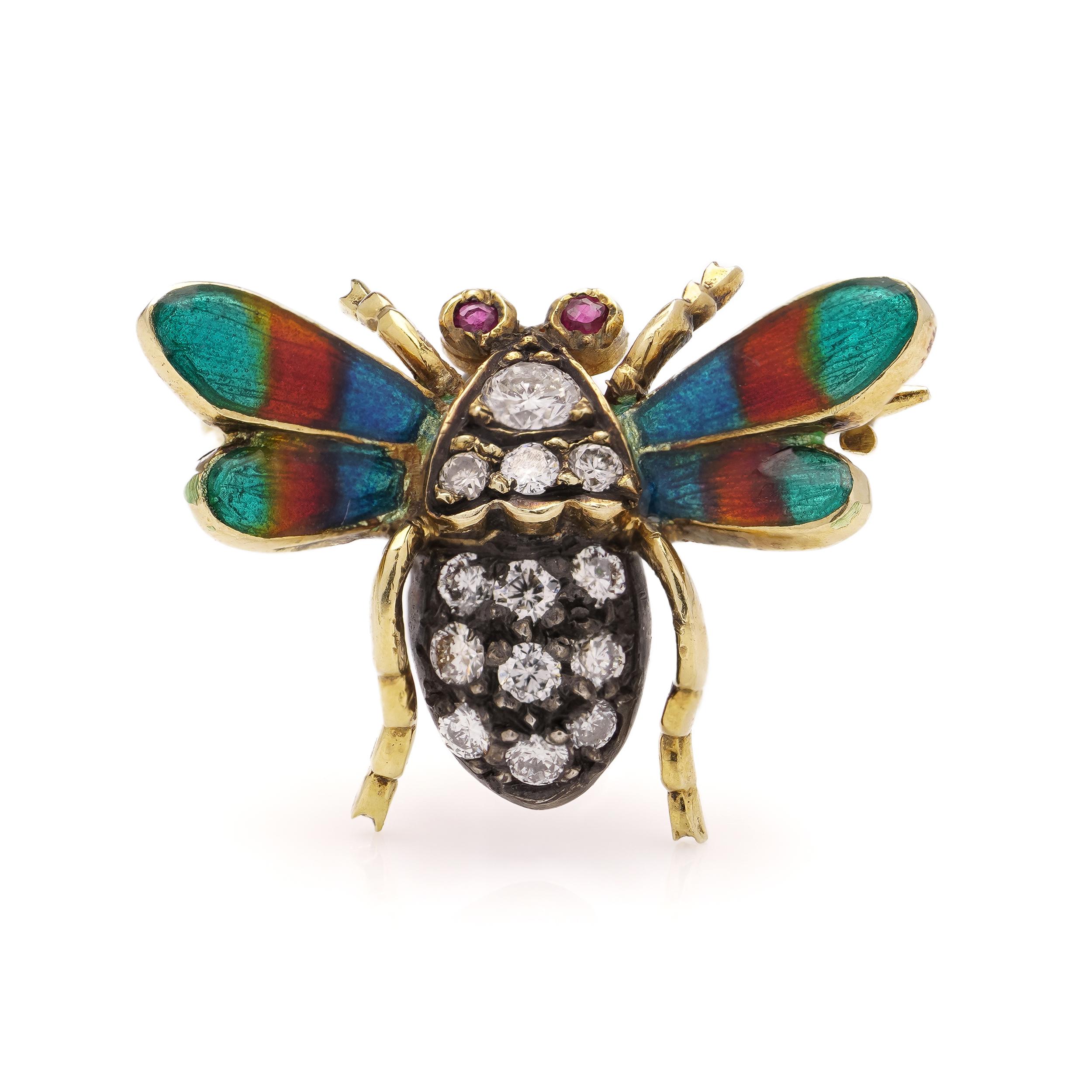 Women's or Men's  Edwardian 18kt. yellow gold and silver open-winged insect brooch For Sale
