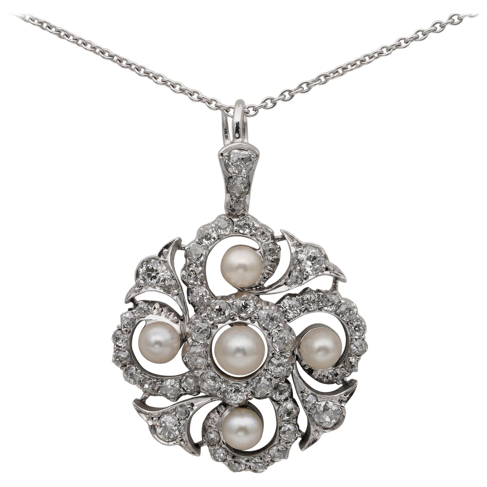 Edwardian 1.90 Carat Diamond Natural Pearl Pendant Brooch Aigrette Platinum Gold For Sale