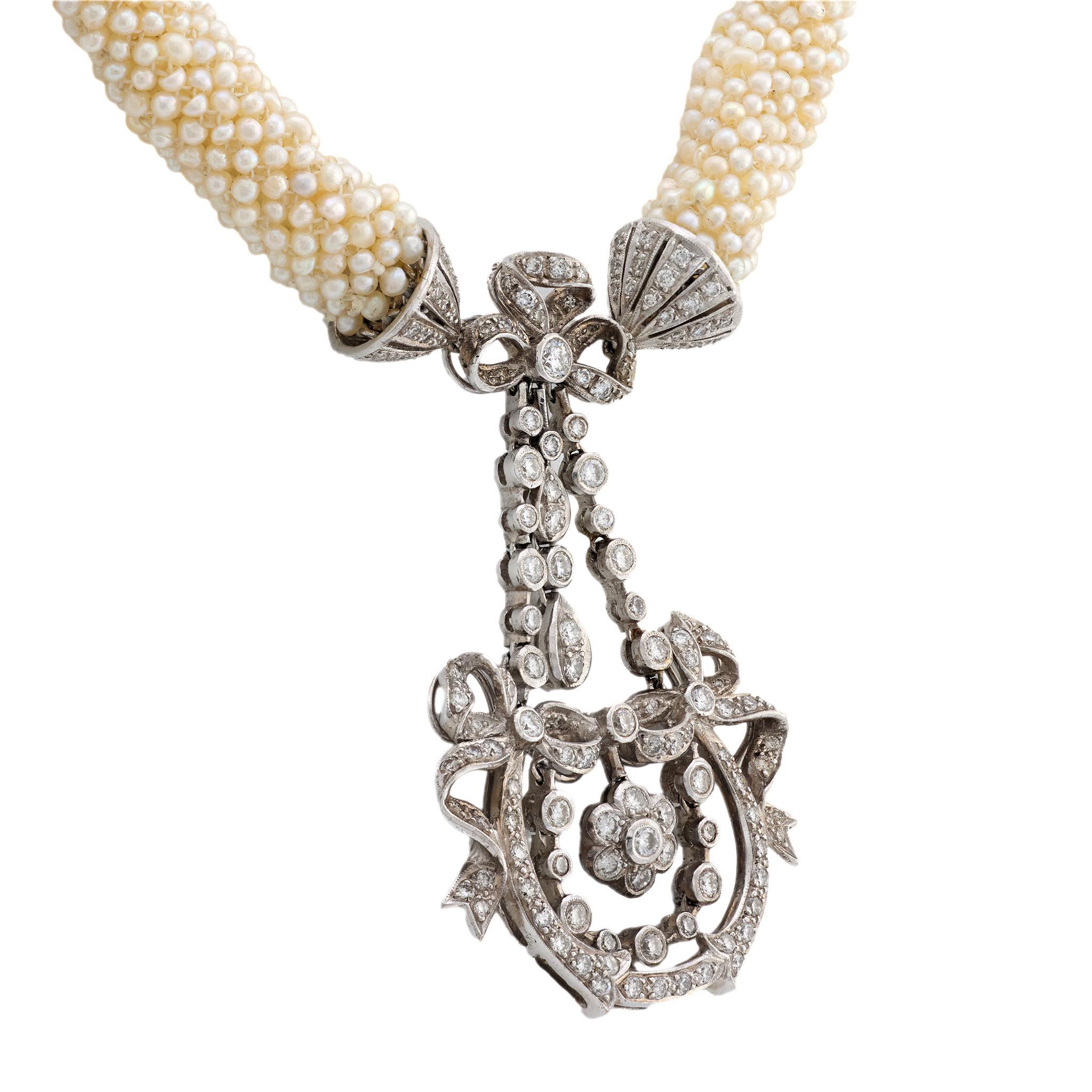Collar eduardiano de platino con perlas semilla de diamante de 1,90 quilates Eduardiano en venta