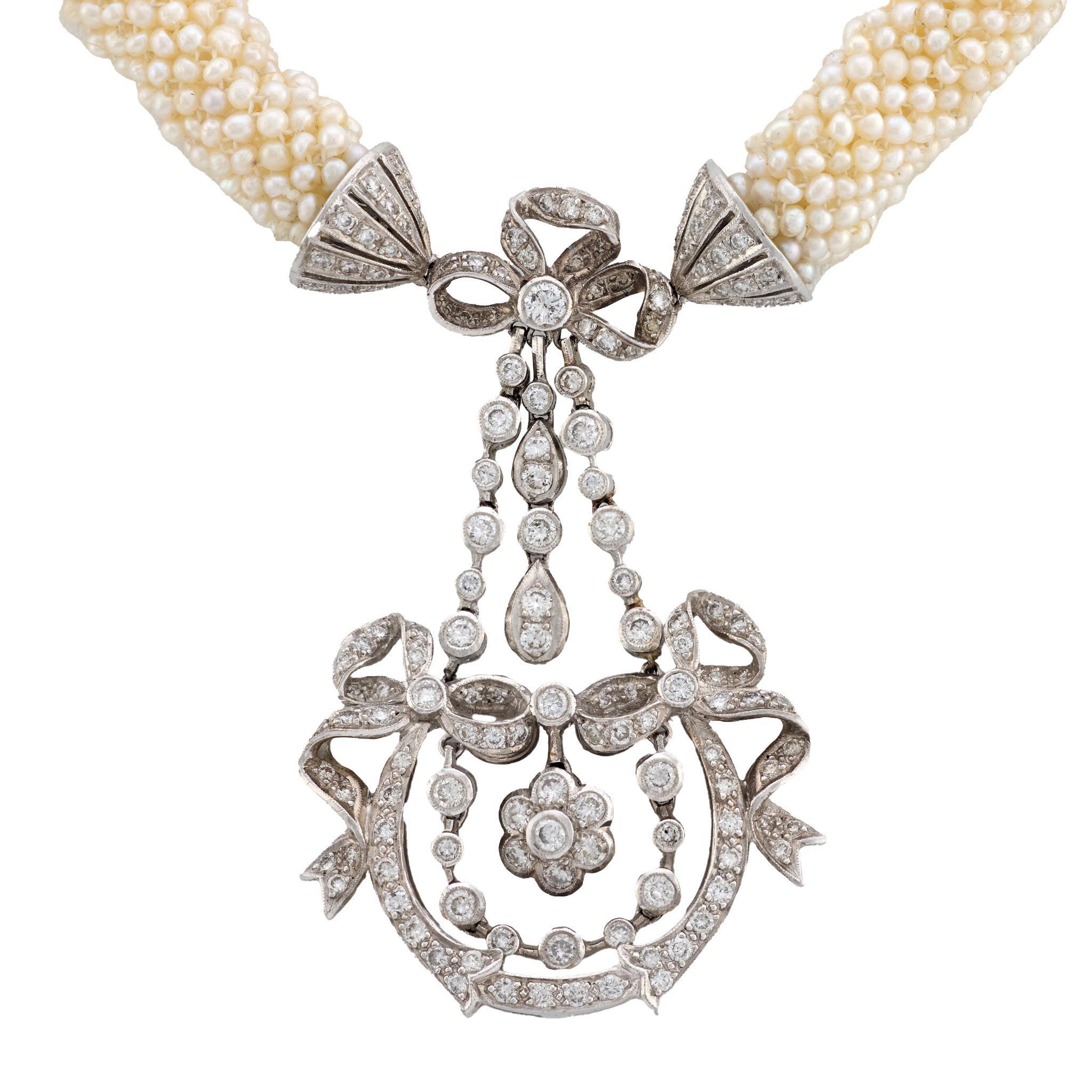 Collar eduardiano de platino con perlas semilla de diamante de 1,90 quilates en venta
