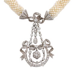 Collana edoardiana in platino con diamanti e perle da seme da 1,90 carati