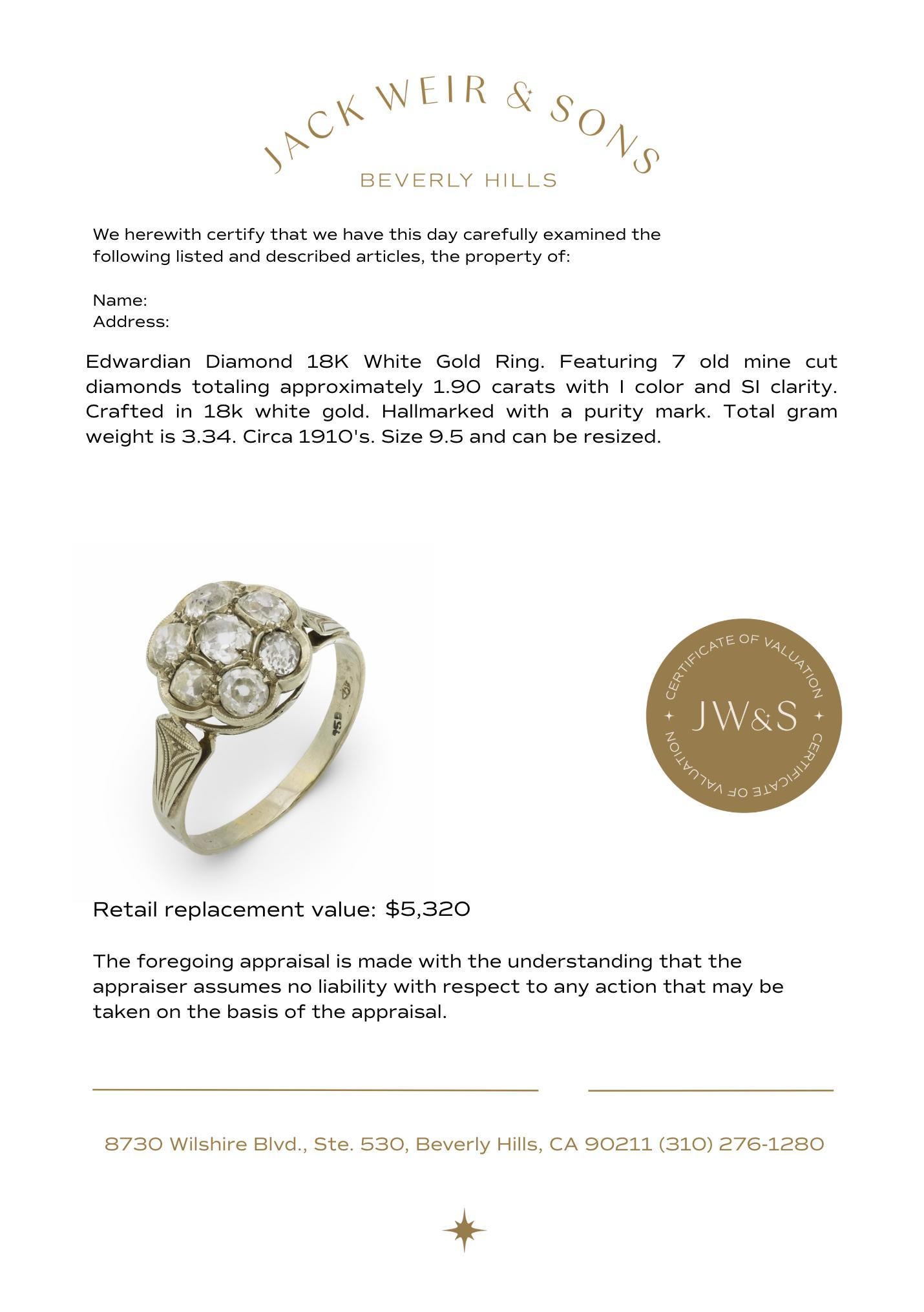 Edwardian 1,90 Karat Gesamtgewicht Diamant 18k Weißgold-Cluster-Ring im Angebot 2