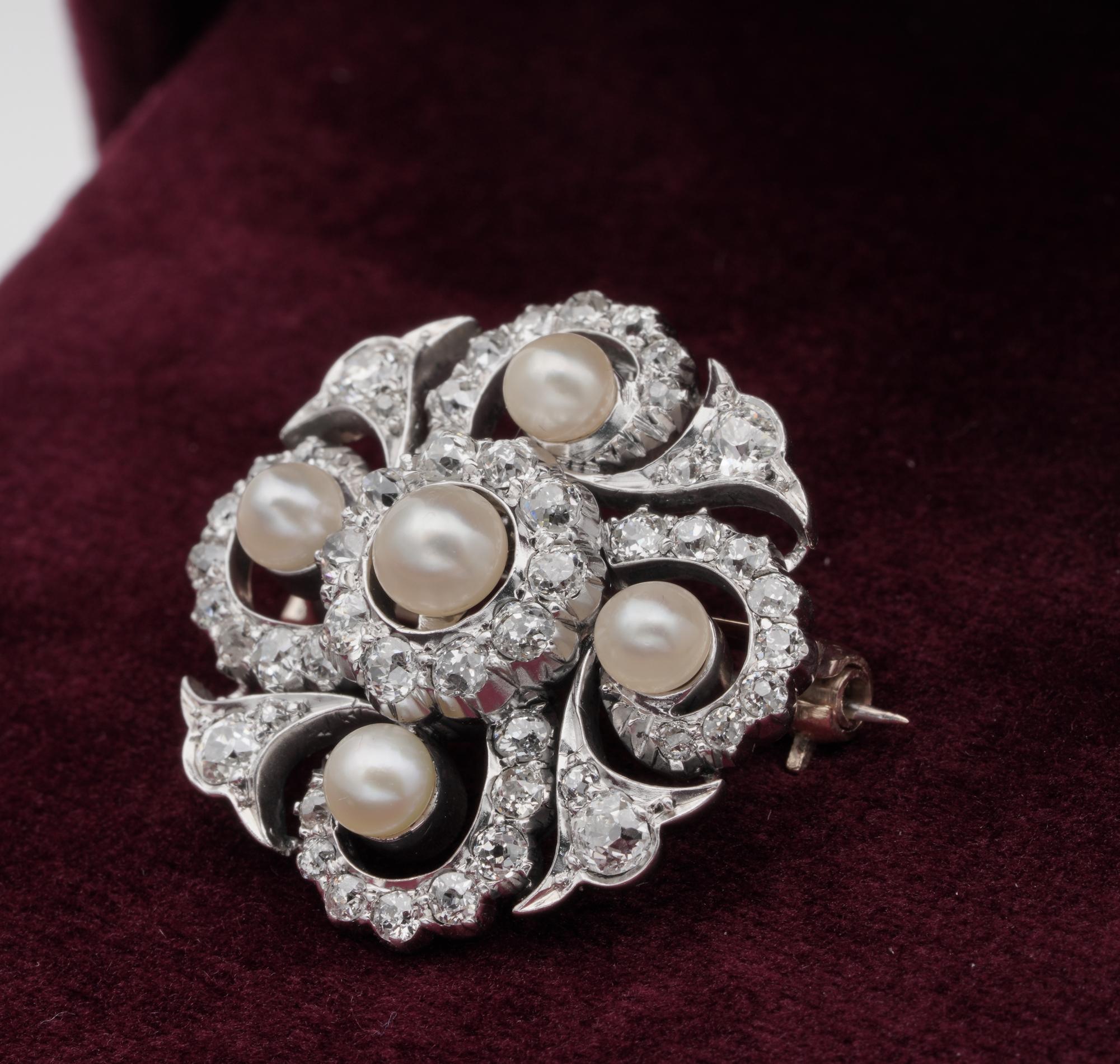 Edwardian 1.90 Carat Diamond Natural Pearl Pendant Brooch Aigrette Platinum Gold For Sale 5