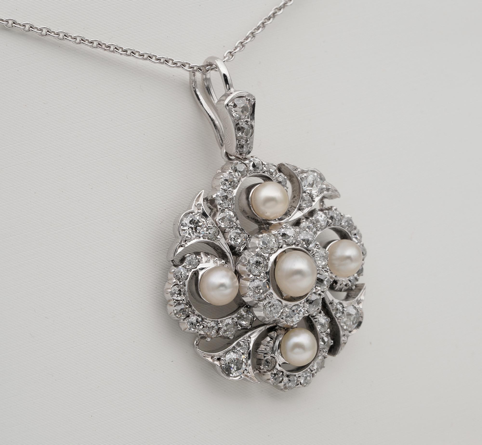 Edwardian 1.90 Carat Diamond Natural Pearl Pendant Brooch Aigrette Platinum Gold For Sale 2