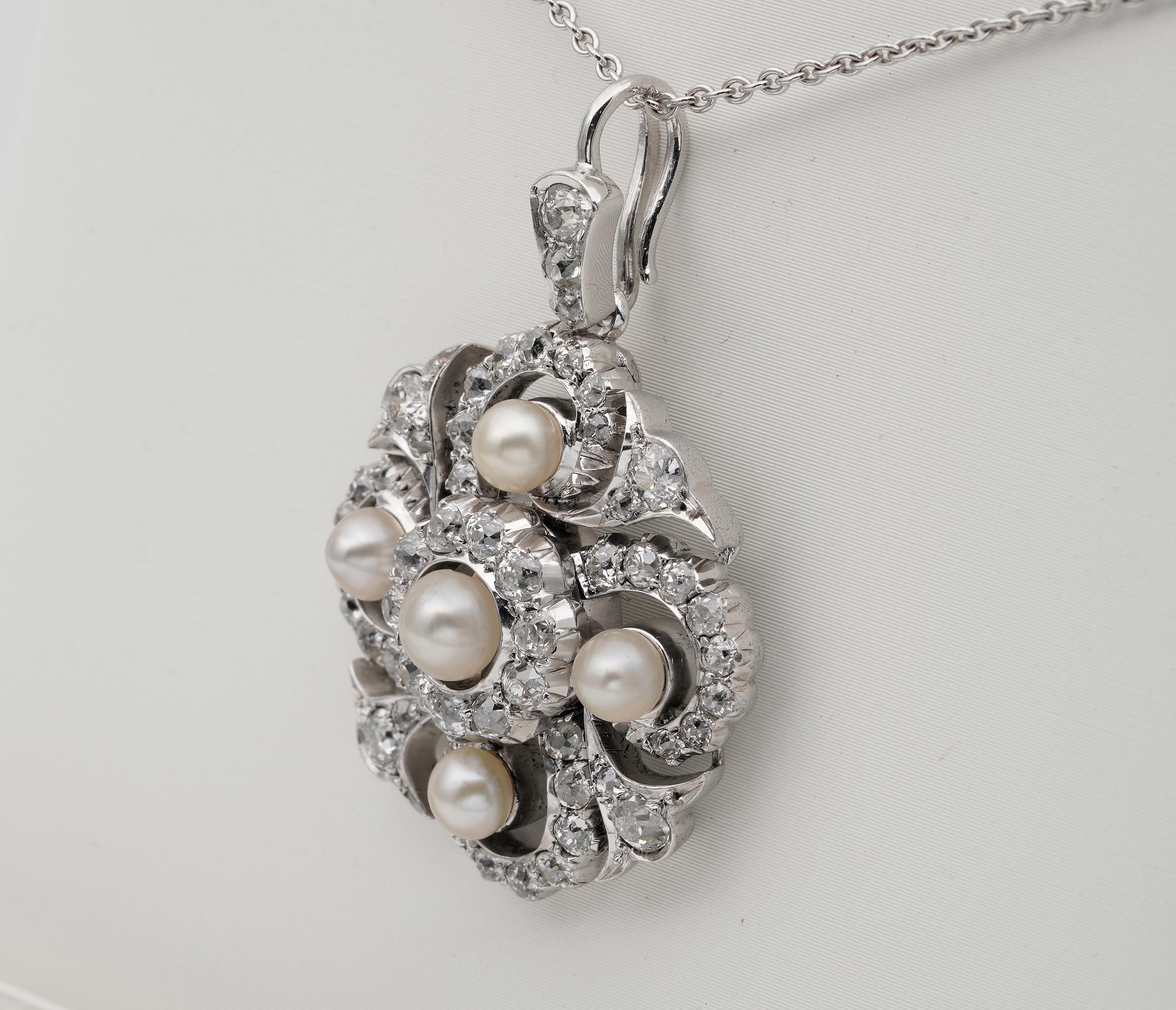 Edwardian 1.90 Carat Diamond Natural Pearl Pendant Brooch Aigrette Platinum Gold For Sale 4