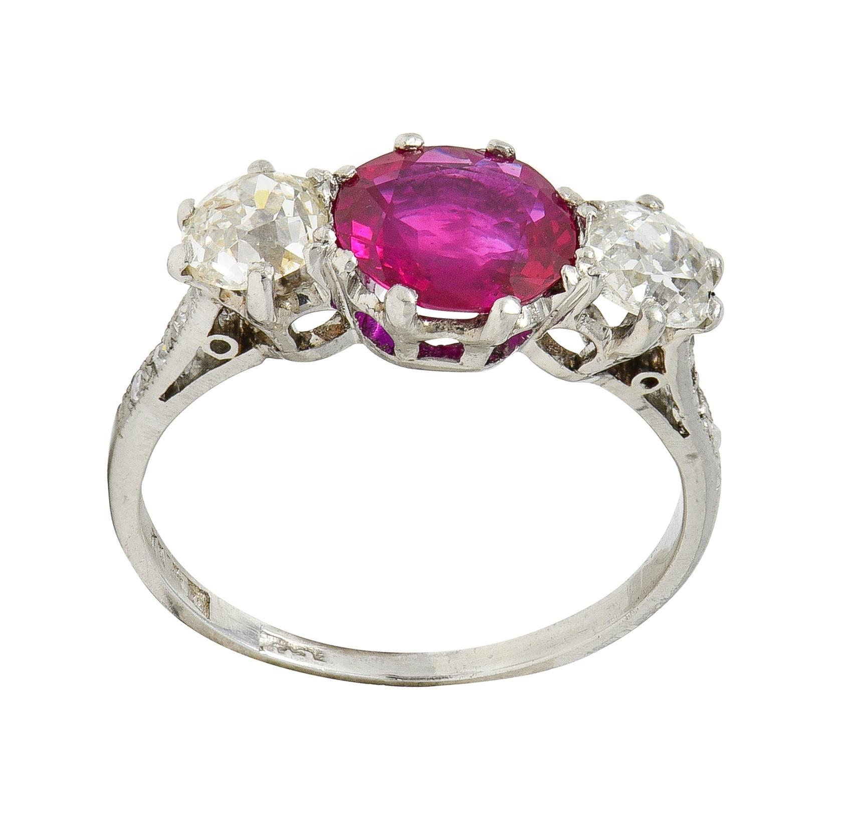 Edwardian 1.90 CTW No Heat Burma Ruby Diamond Platinum Antique Three Stone Ring For Sale 5