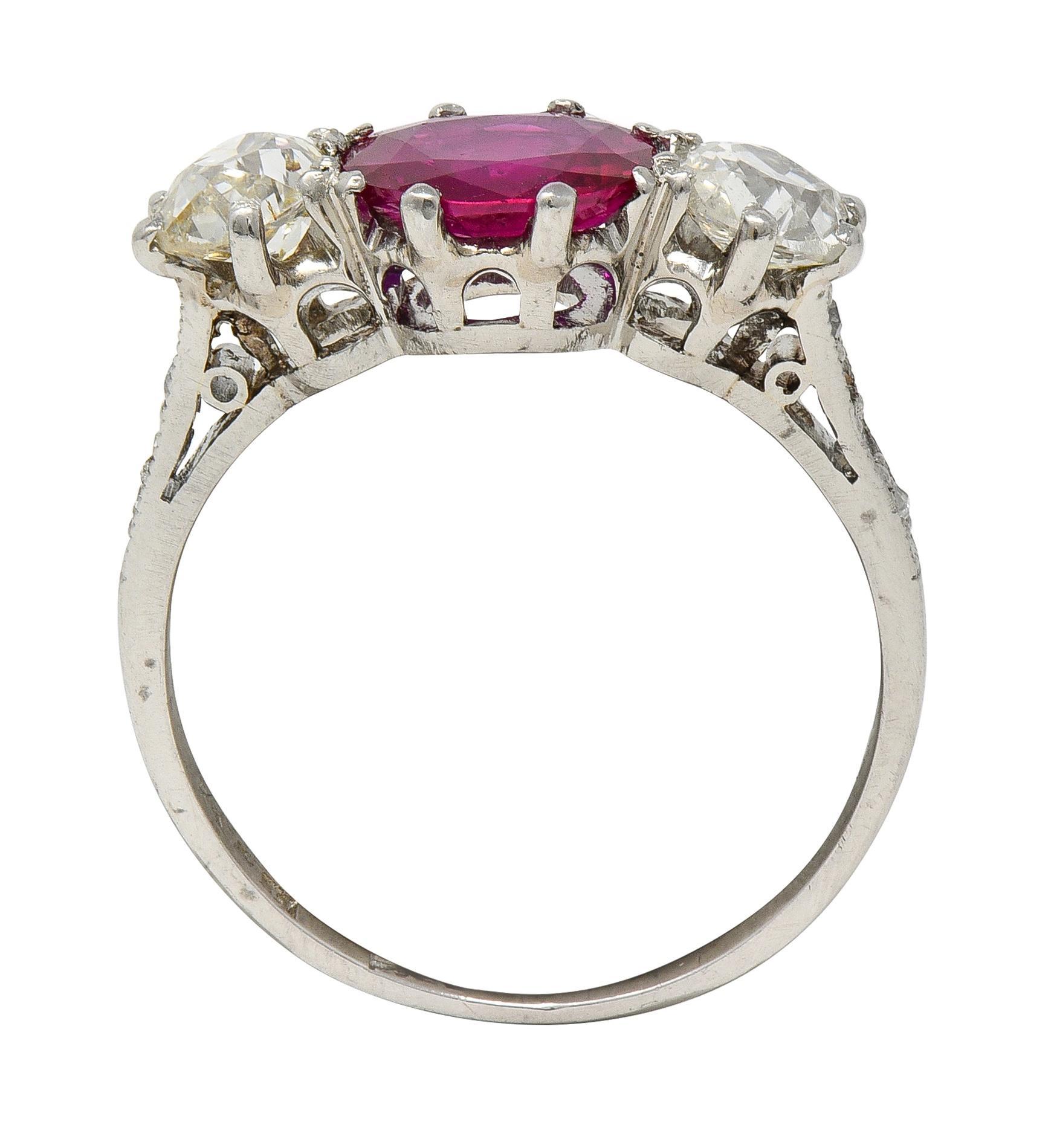 Edwardian 1.90 CTW No Heat Burma Ruby Diamond Platinum Antique Three Stone Ring For Sale 6