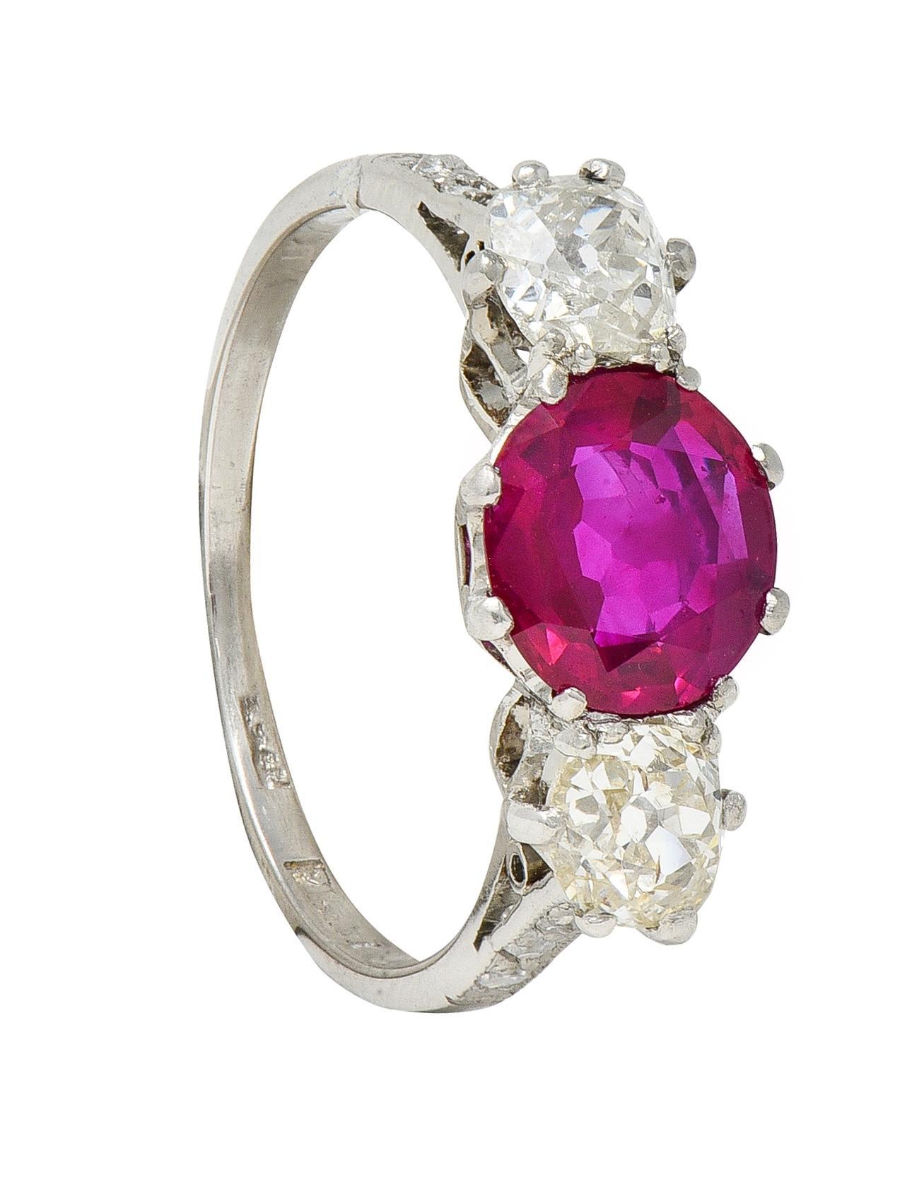 Edwardian 1.90 CTW No Heat Burma Ruby Diamond Platinum Antique Three Stone Ring For Sale 7