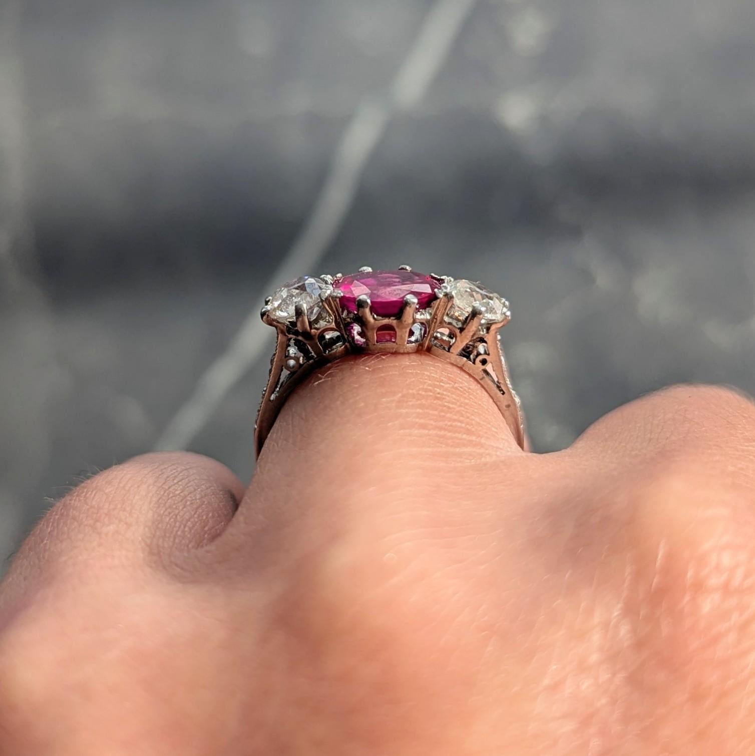 Edwardian 1.90 CTW No Heat Burma Ruby Diamond Platinum Antique Three Stone Ring For Sale 8