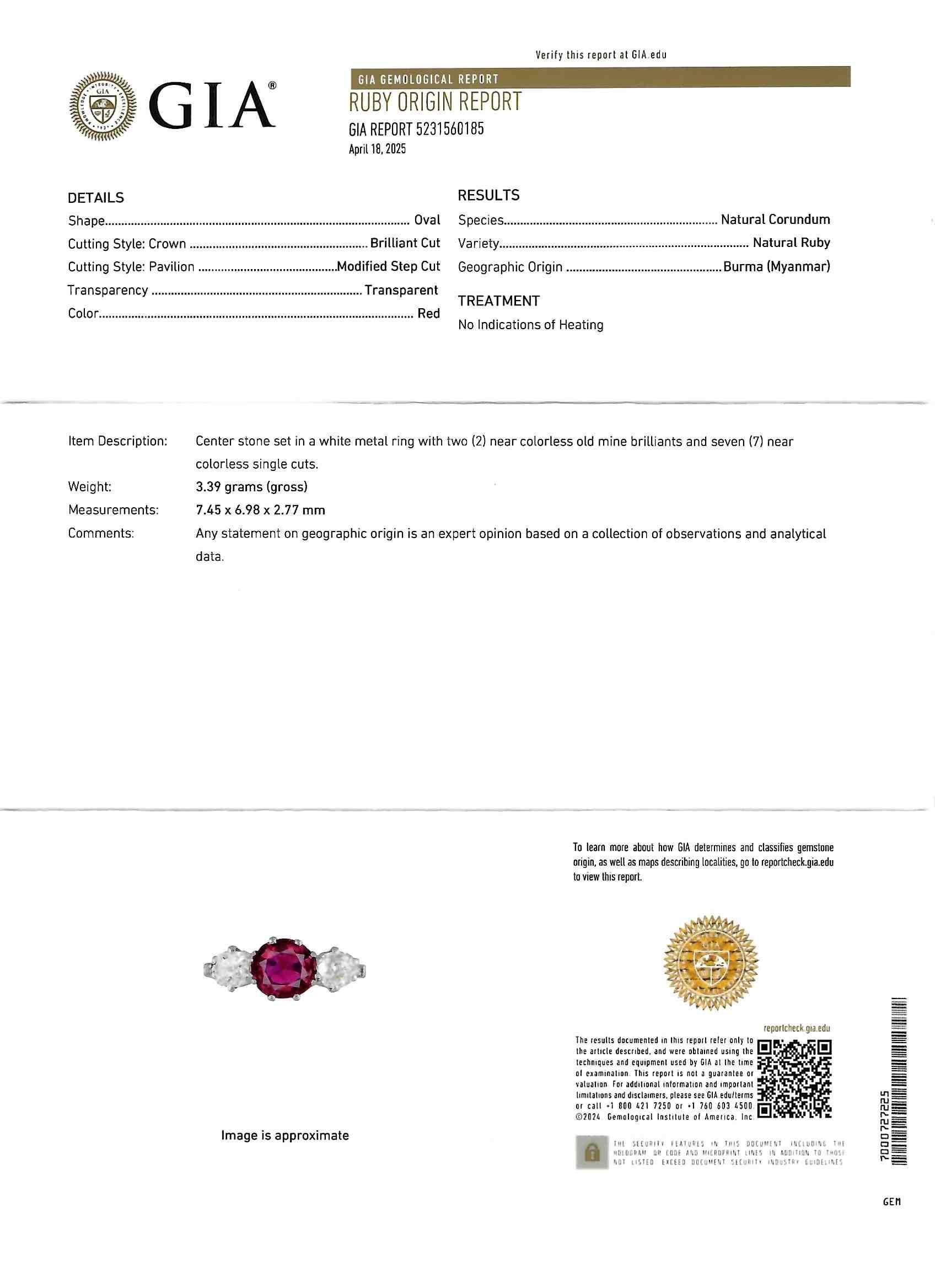 Edwardian 1.90 CTW No Heat Burma Ruby Diamond Platinum Antique Three Stone Ring For Sale 10