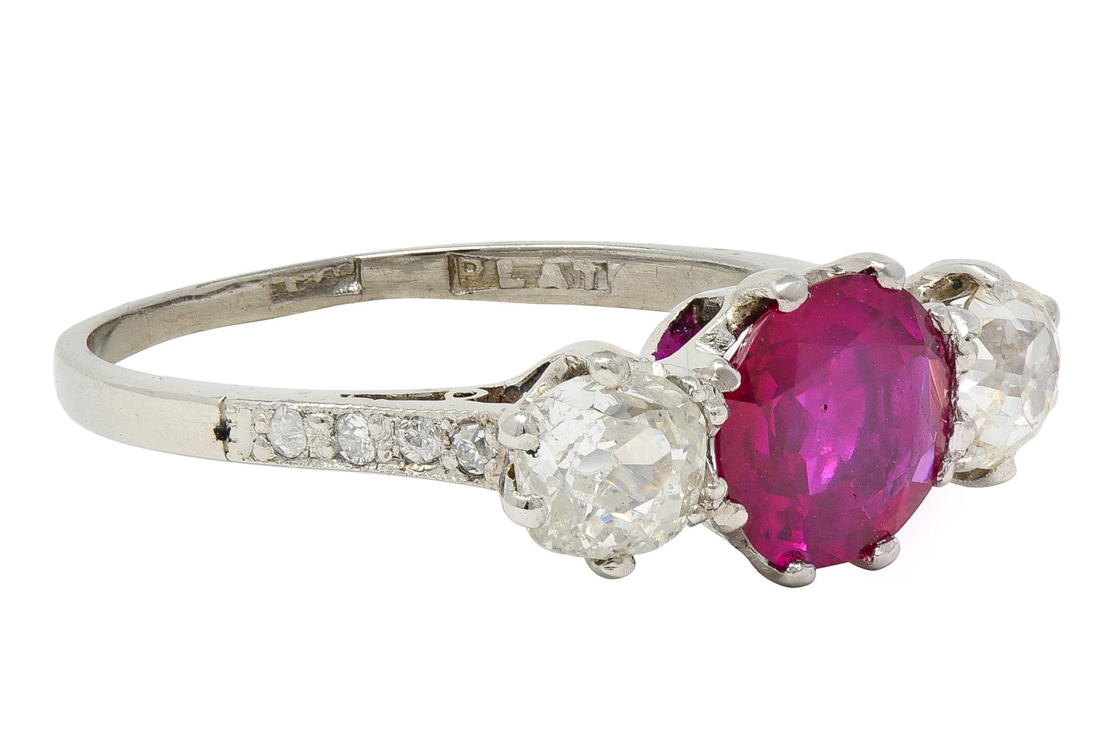 Cushion Cut Edwardian 1.90 CTW No Heat Burma Ruby Diamond Platinum Antique Three Stone Ring For Sale