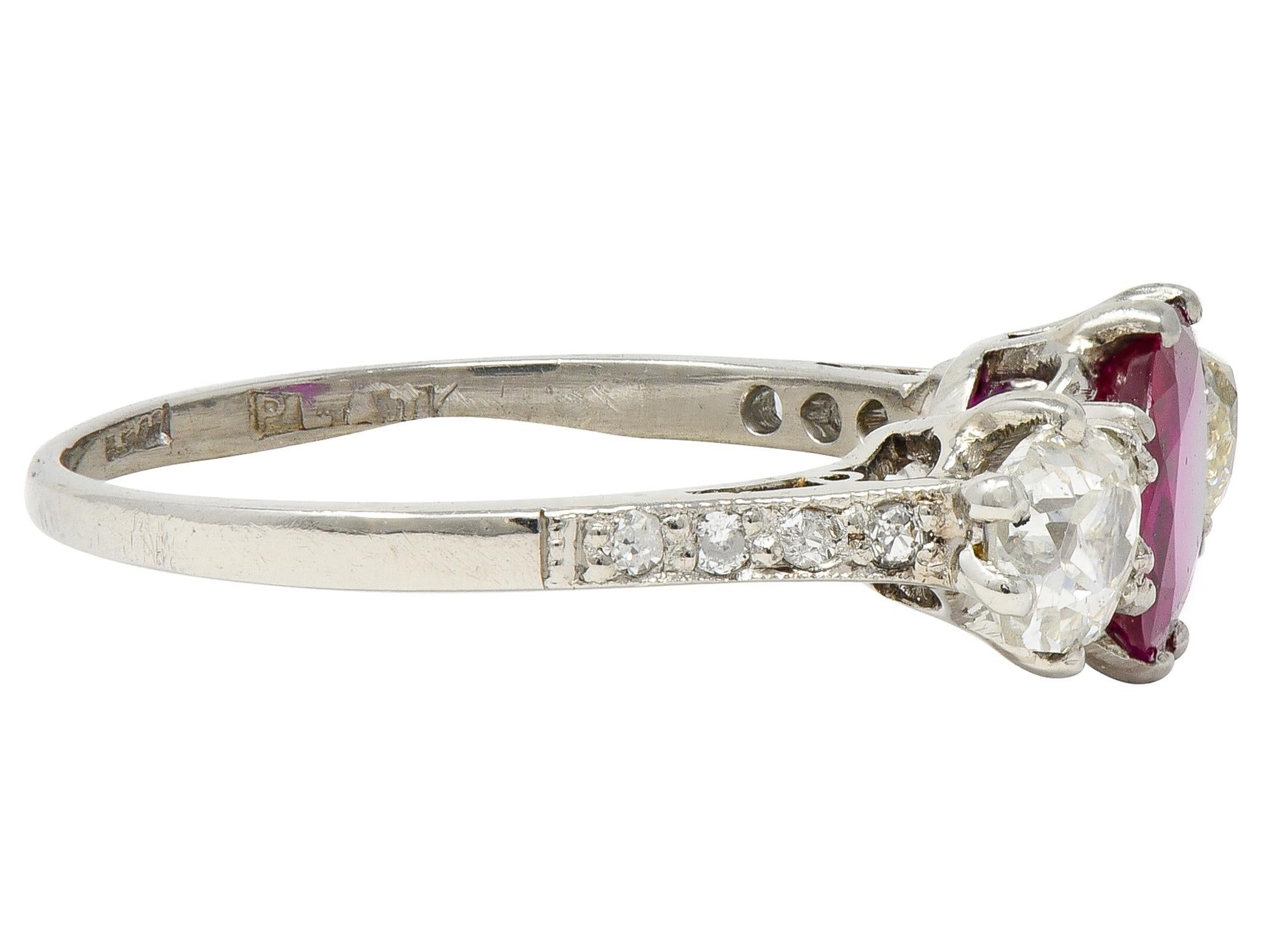 Edwardian 1.90 CTW No Heat Burma Ruby Diamond Platinum Antique Three Stone Ring In Excellent Condition For Sale In Philadelphia, PA