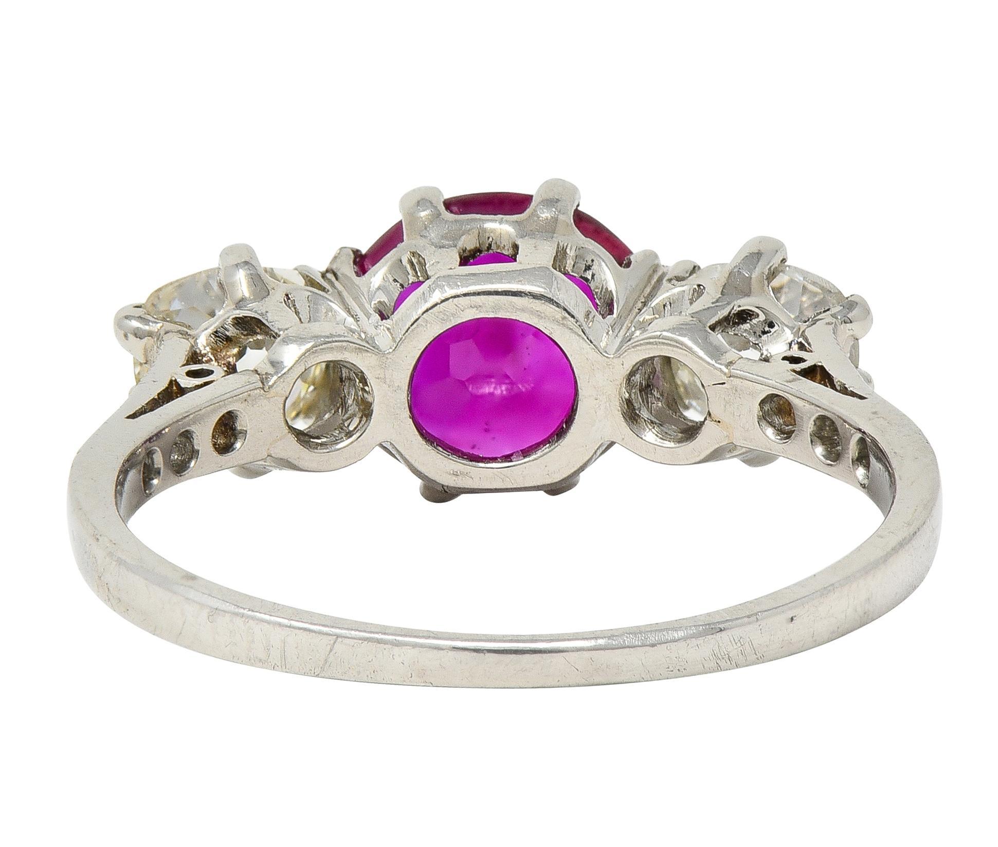 Women's Edwardian 1.90 CTW No Heat Burma Ruby Diamond Platinum Antique Three Stone Ring For Sale