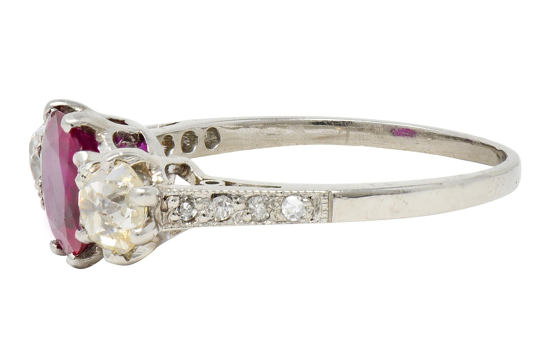 Edwardian 1.90 CTW No Heat Burma Ruby Diamond Platinum Antique Three Stone Ring For Sale 1
