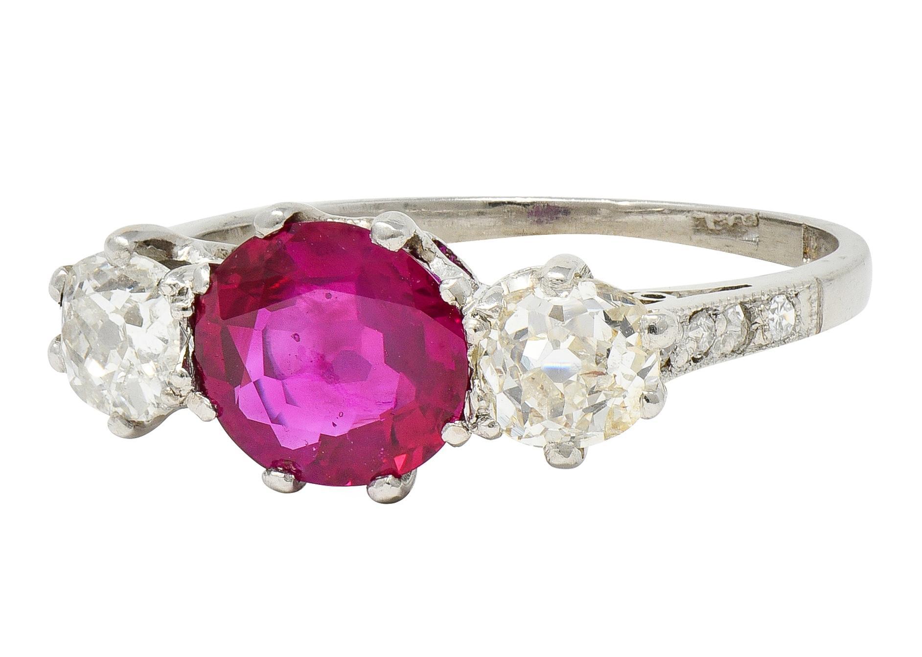 Edwardian 1.90 CTW No Heat Burma Ruby Diamond Platinum Antique Three Stone Ring For Sale 2