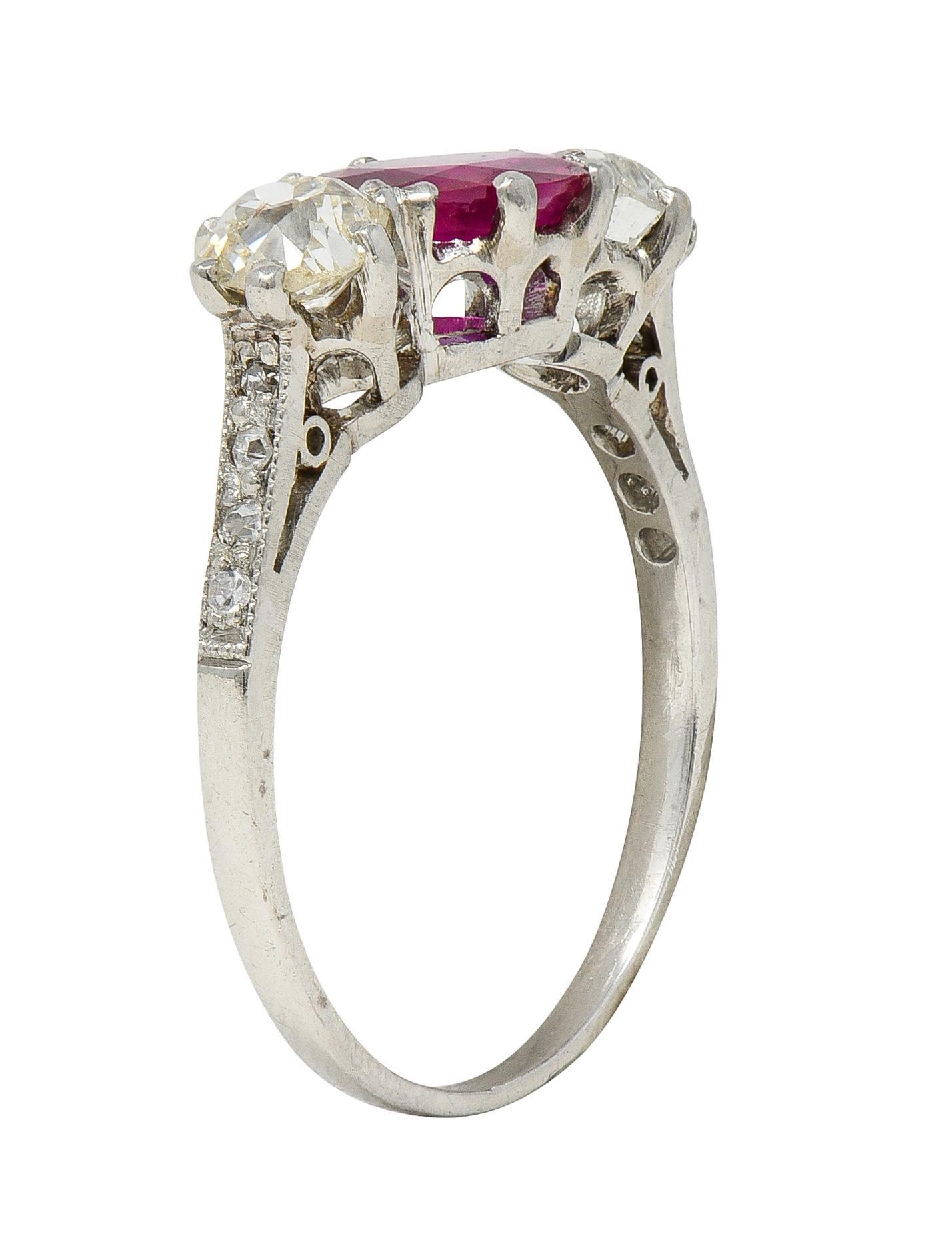Edwardian 1.90 CTW No Heat Burma Ruby Diamond Platinum Antique Three Stone Ring For Sale 4