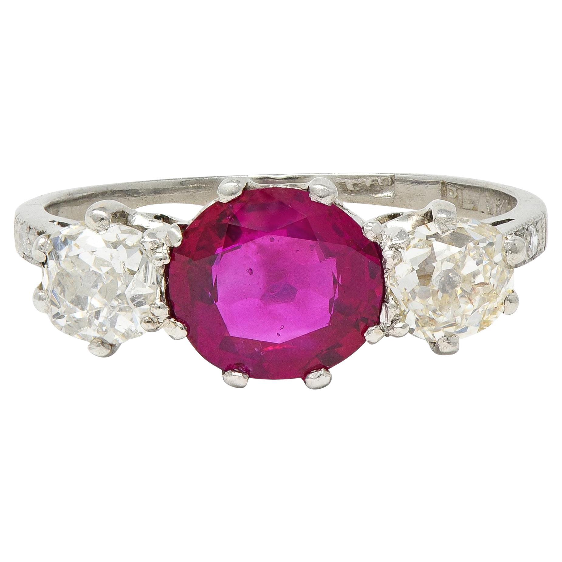 Edwardian 1.90 CTW No Heat Burma Ruby Diamond Platinum Antique Three Stone Ring For Sale