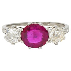 Edwardian 1.90 CTW No Heat Burma Ruby Diamond Platinum Antique Three Stone Ring