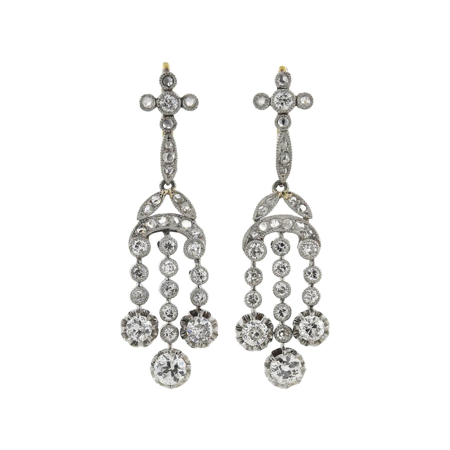 Edwardian 1.90 Total Carat Diamond Drop Earrings