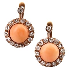 Edwardian 1900 18kt yellow Gold Earrings with Coral and Diamonds