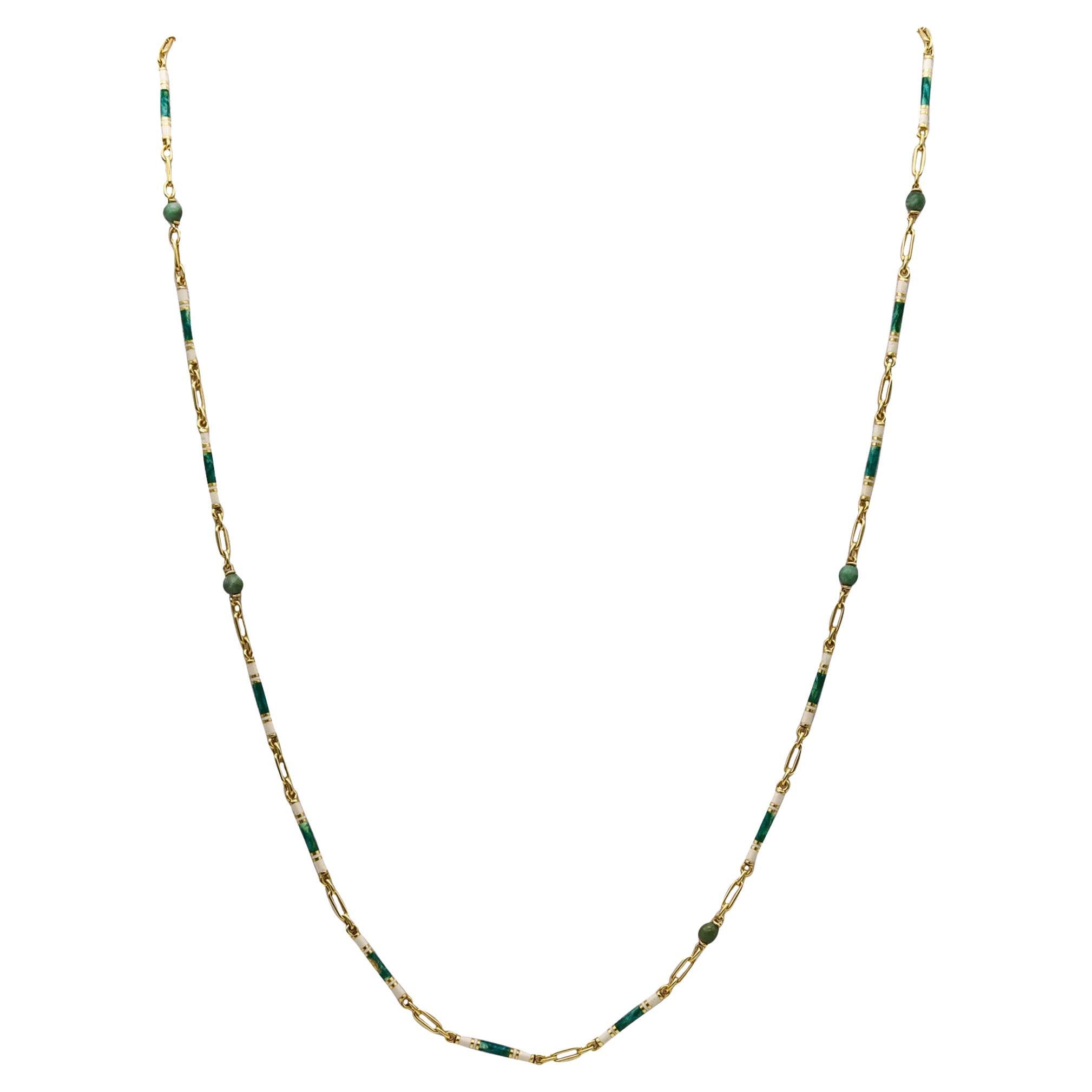 EDWARDIAN 1900-1905 Guilloche Green Enameled Chain In 14Kt Gold With Jade Beads