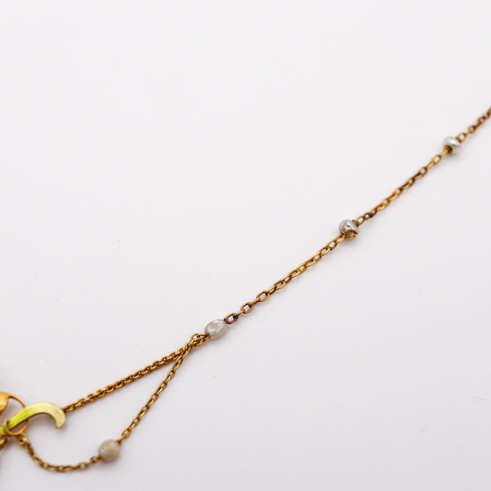 Collana EDWARDIAN 1900 Art Nouveau smaltata in oro 14Kt con perle e peridoti In condizioni ottime in vendita a Miami, FL