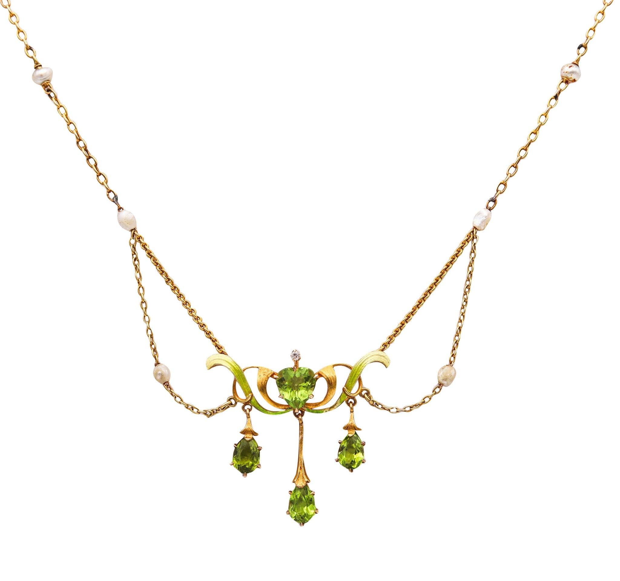Collana EDWARDIAN 1900 Art Nouveau smaltata in oro 14Kt con perle e peridoti in vendita 2