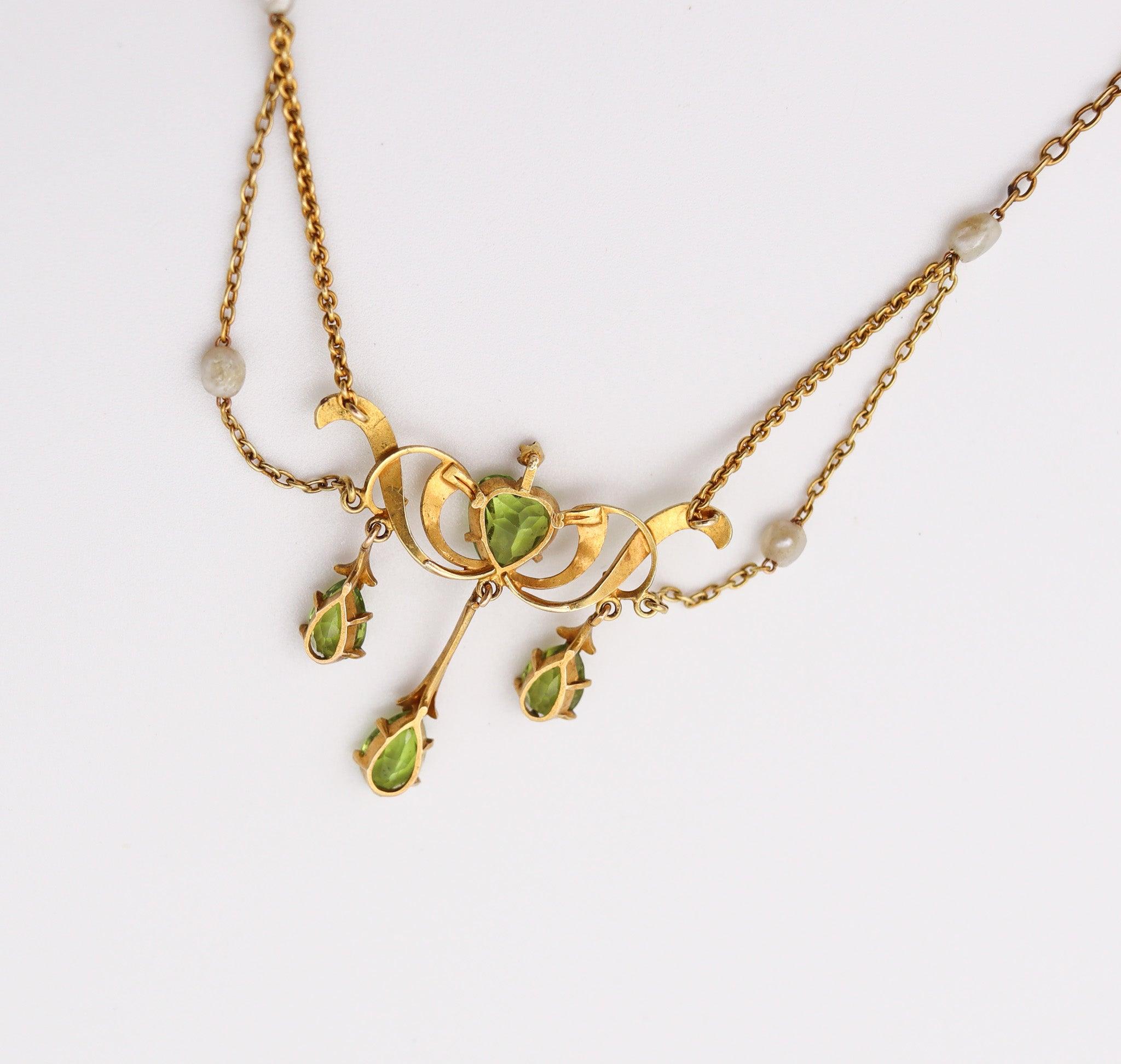 Collana EDWARDIAN 1900 Art Nouveau smaltata in oro 14Kt con perle e peridoti in vendita 3