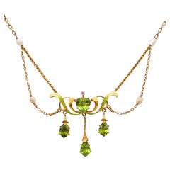 Antique EDWARDIAN 1900 Art Nouveau Enameled Necklace In 14Kt Gold With Pearls & Peridots