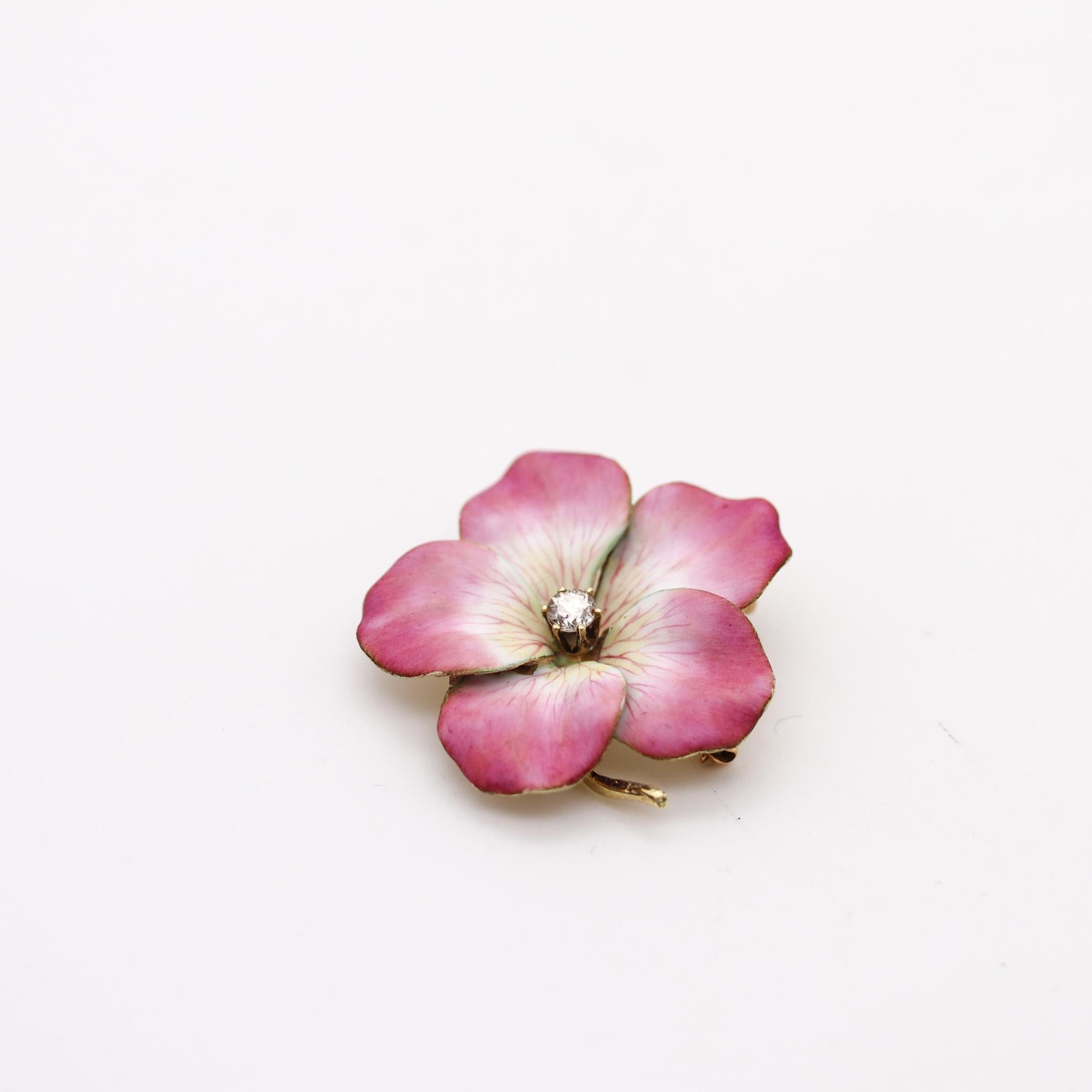 Edwardian enameled convertible flower brooch.

Beautiful three-dimensional five-petals flower, created in America during the Edwardian and the Art Nouveau periods, back between the 1900-1910. This large convertible pendant-brooch has been carefully
