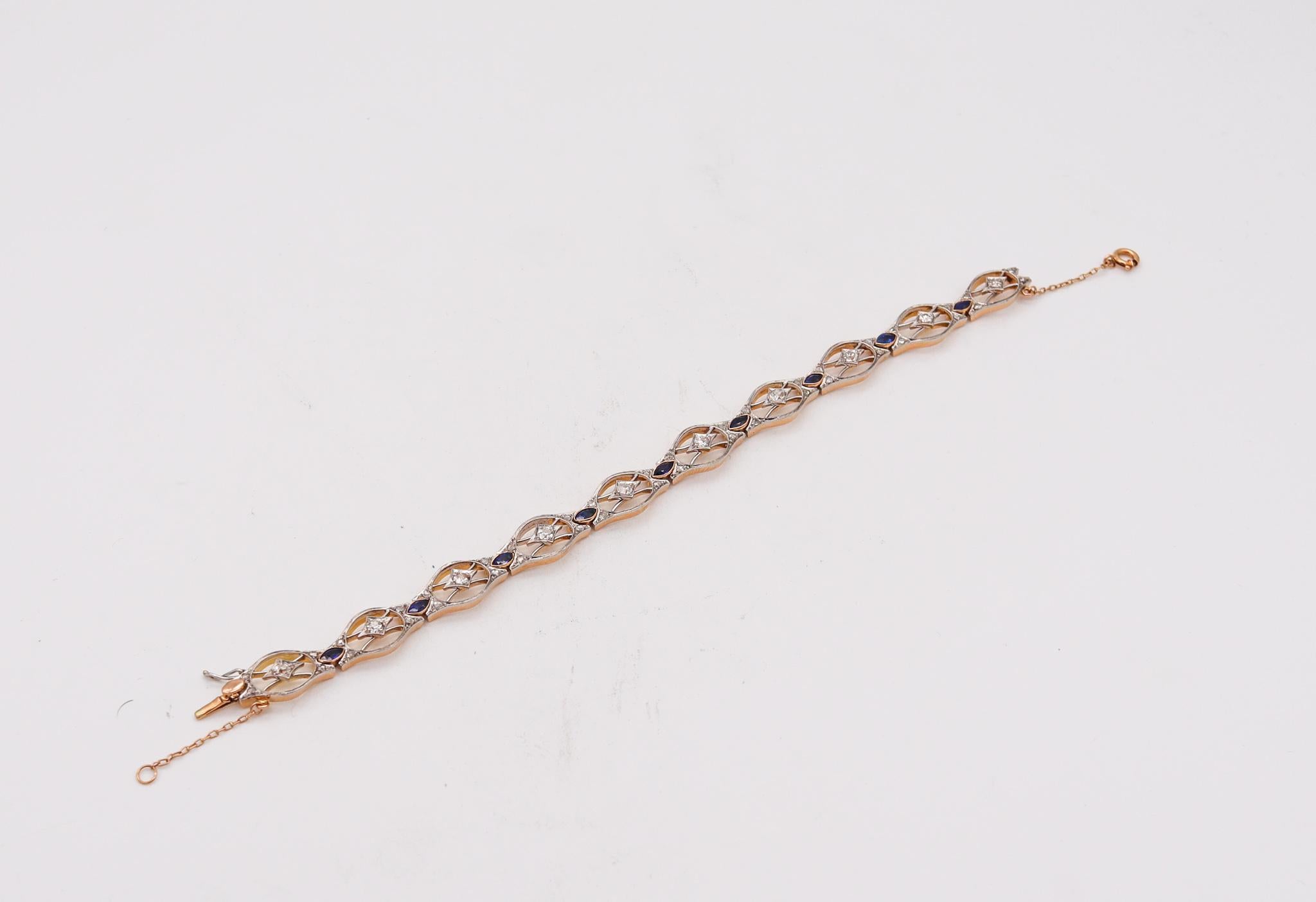 Rose Cut Edwardian 1900 Bracelet in Platinum 18Kt Gold with 3.67 Ctw Diamonds & Sapphires