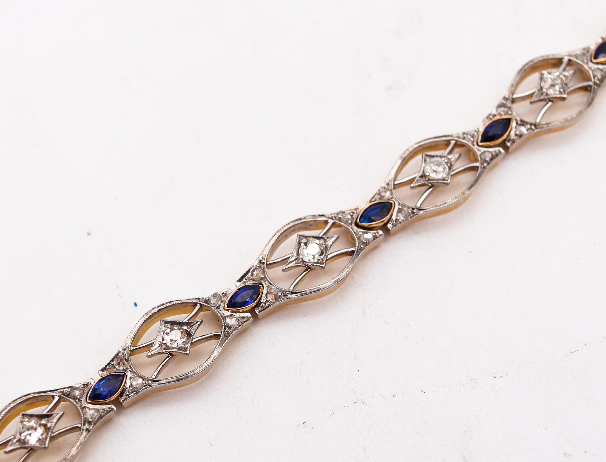Edwardian 1900 Bracelet in Platinum 18Kt Gold with 3.67 Ctw Diamonds & Sapphires In Excellent Condition In Miami, FL