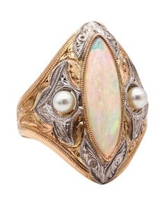 EDWARDIAN 1900 Cocktail Ring In 14Kt Gold Platinum With Opal 
Natural Pearls