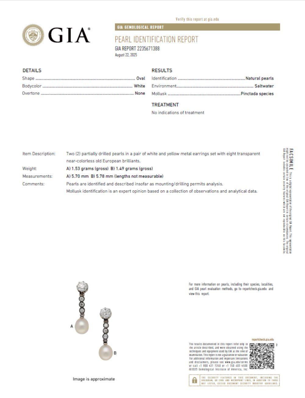 Orecchini Edwardian 1900 in oro giallo 18k con perle naturali e diamanti in vendita 2