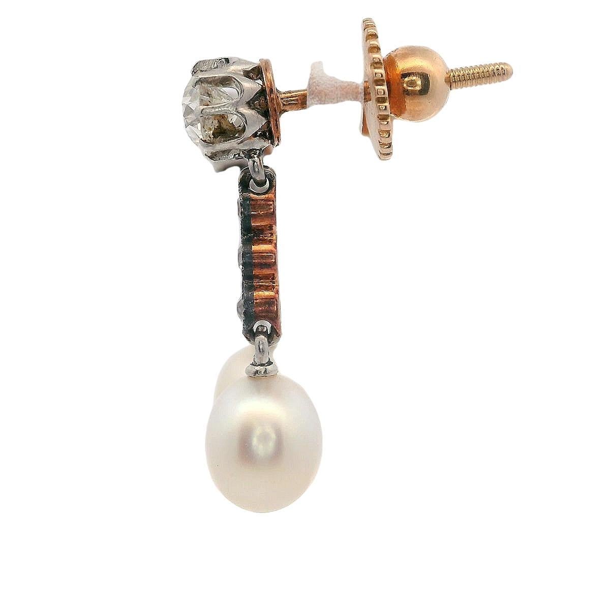 Taille vieille mine Edwardian 1900 Drop Earrings in 18k Yellow Gold with Natural Pearl & Diamond en vente