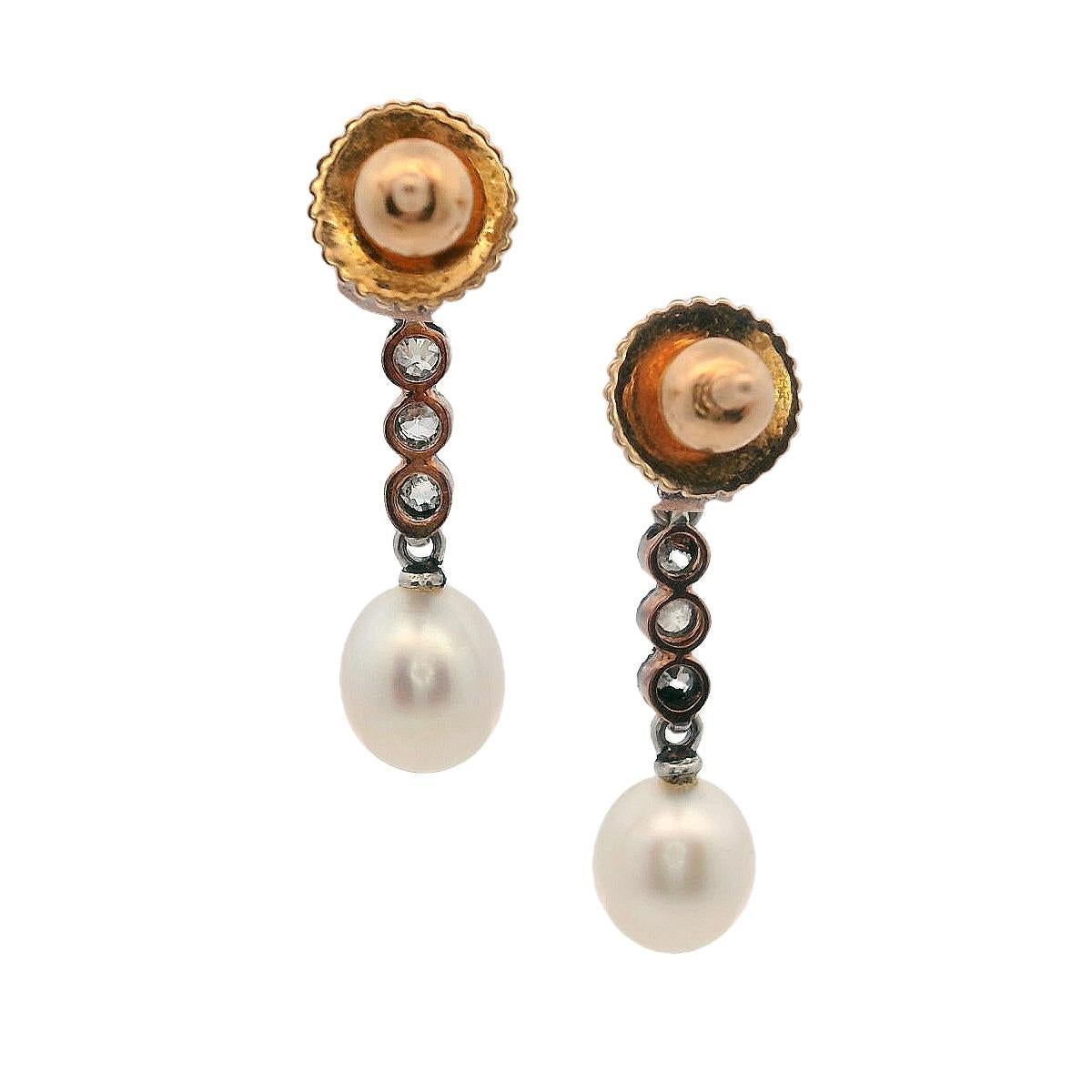 Edwardian 1900 Drop Earrings in 18k Yellow Gold with Natural Pearl & Diamond Bon état - En vente à Aventura, FL