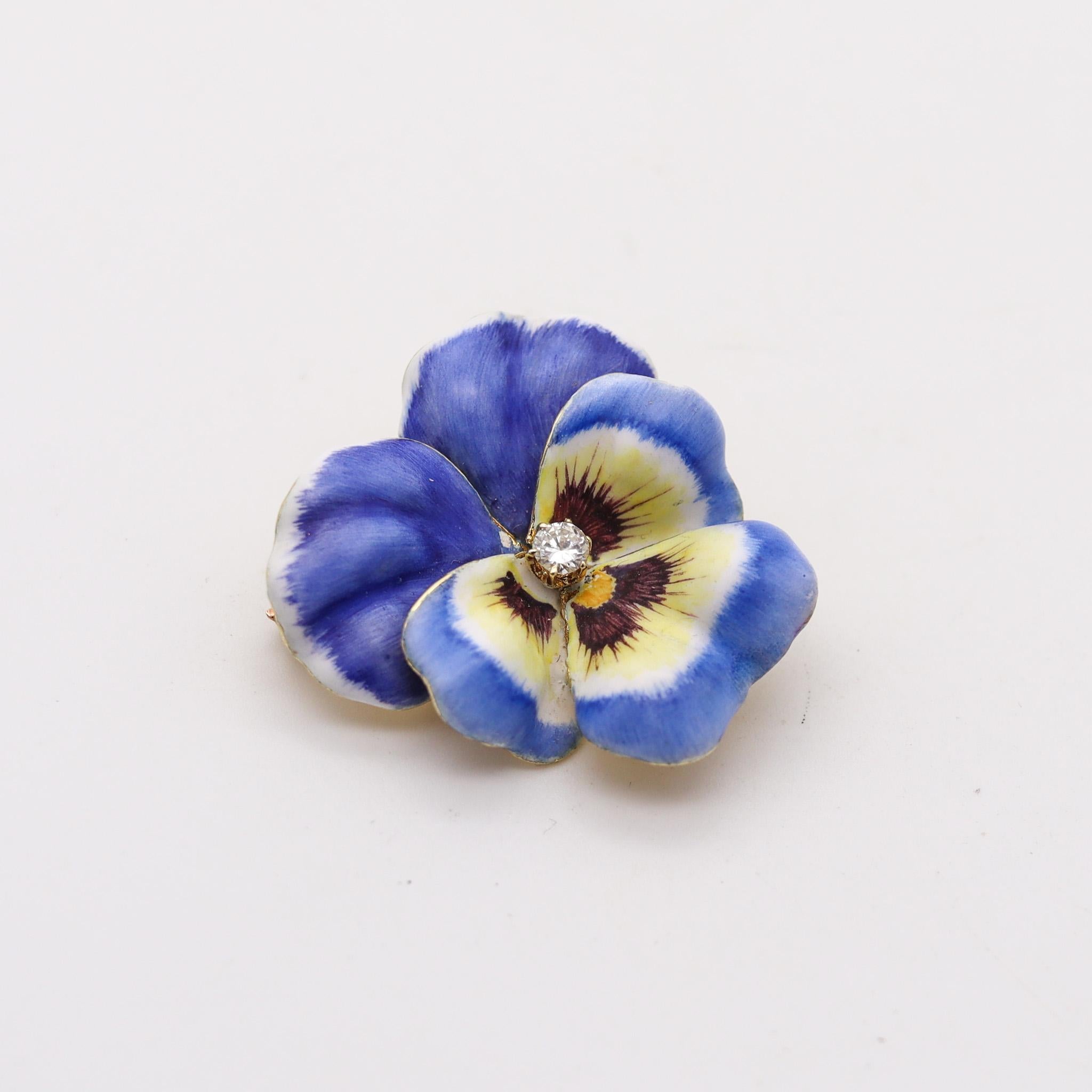 Edwardian enameled Pansy flower brooch.

Beautiful three-dimensional five-petals pansy flower, created in New Jersey North America during the Edwardian and the Art Nouveau periods, between the 1900-1910. This brooch has been carefully crafted in