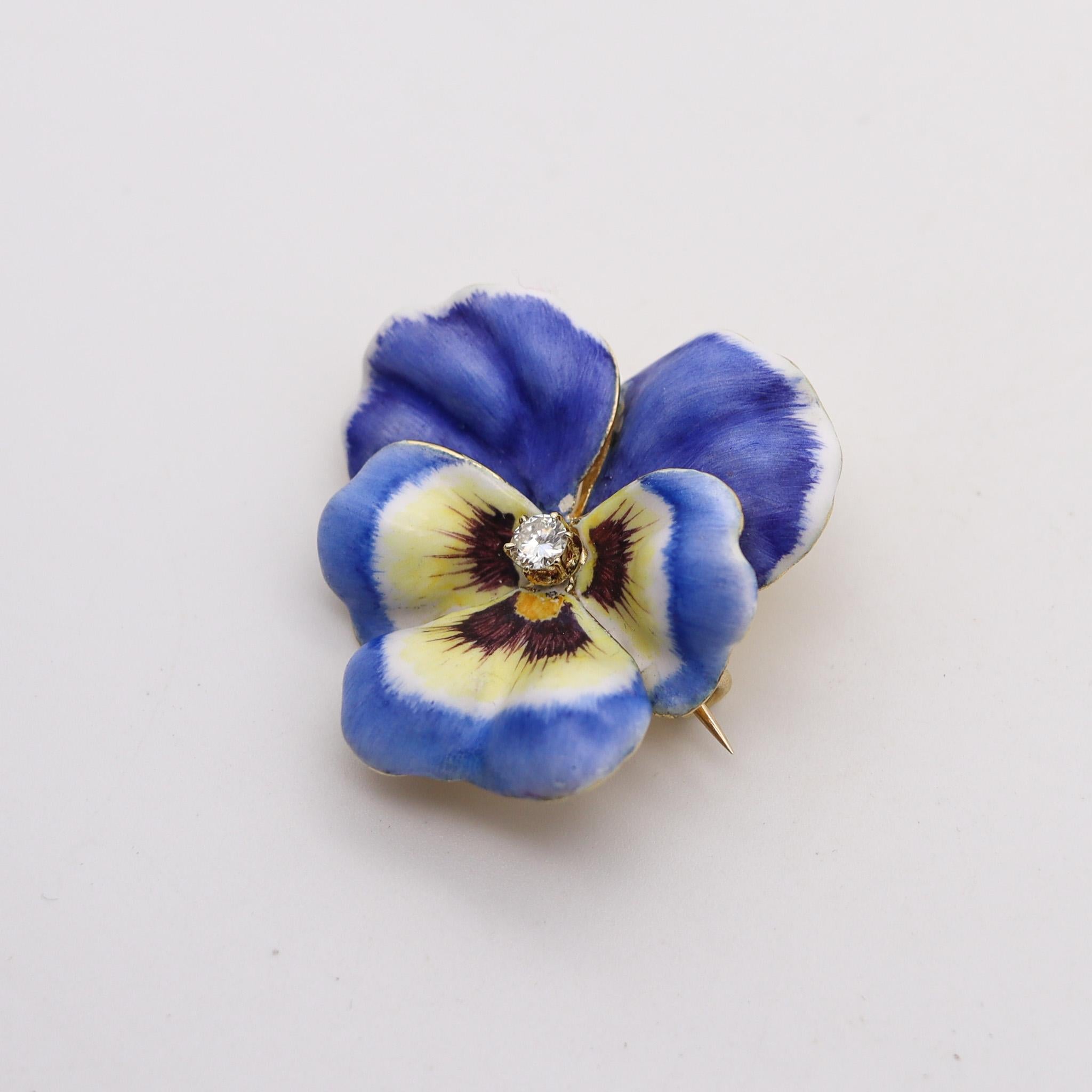 Women's Edwardian 1900 Enameled Blue Pansy Flower Brooch In 14Kt Gold With Diamond For Sale