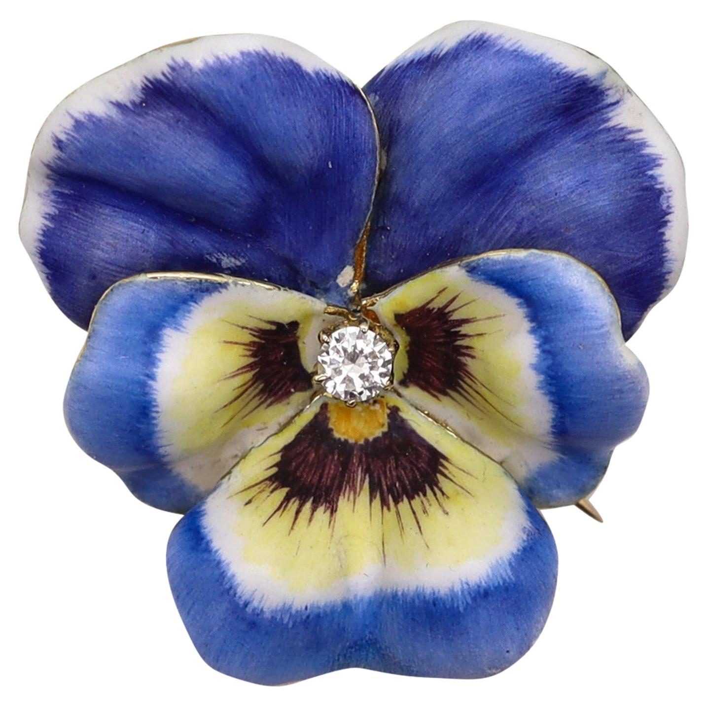Edwardian 1900 Enameled Blue Pansy Flower Brooch In 14Kt Gold With Diamond For Sale
