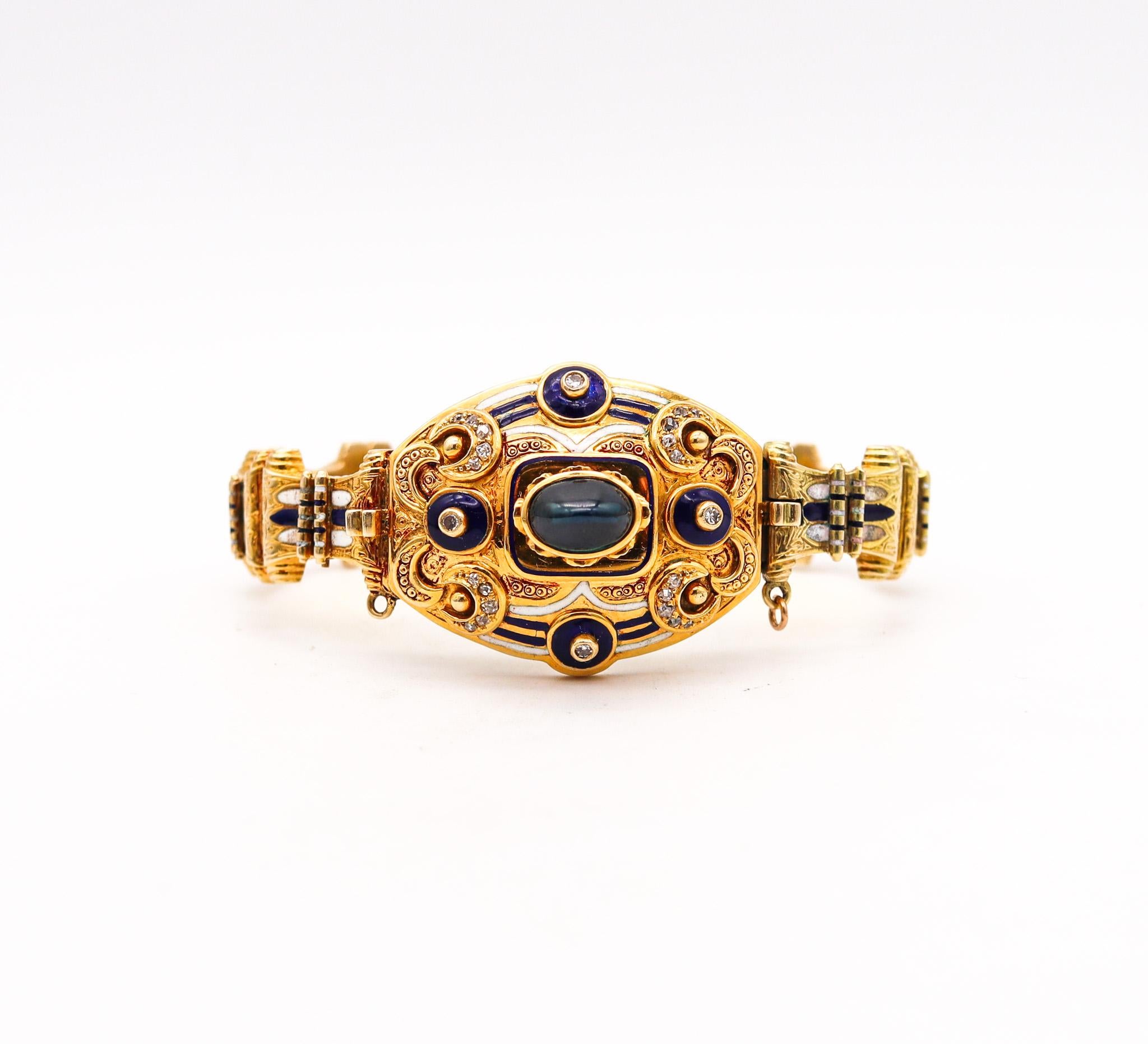 Am Edwardian enameled bracelet.

Very beautiful flexible bracelet, created during the transition of the Victorian to the Edwardian periods, back in the 1900. This bracelet show intricate Victorian patterns with chiseled classical motifs from the
