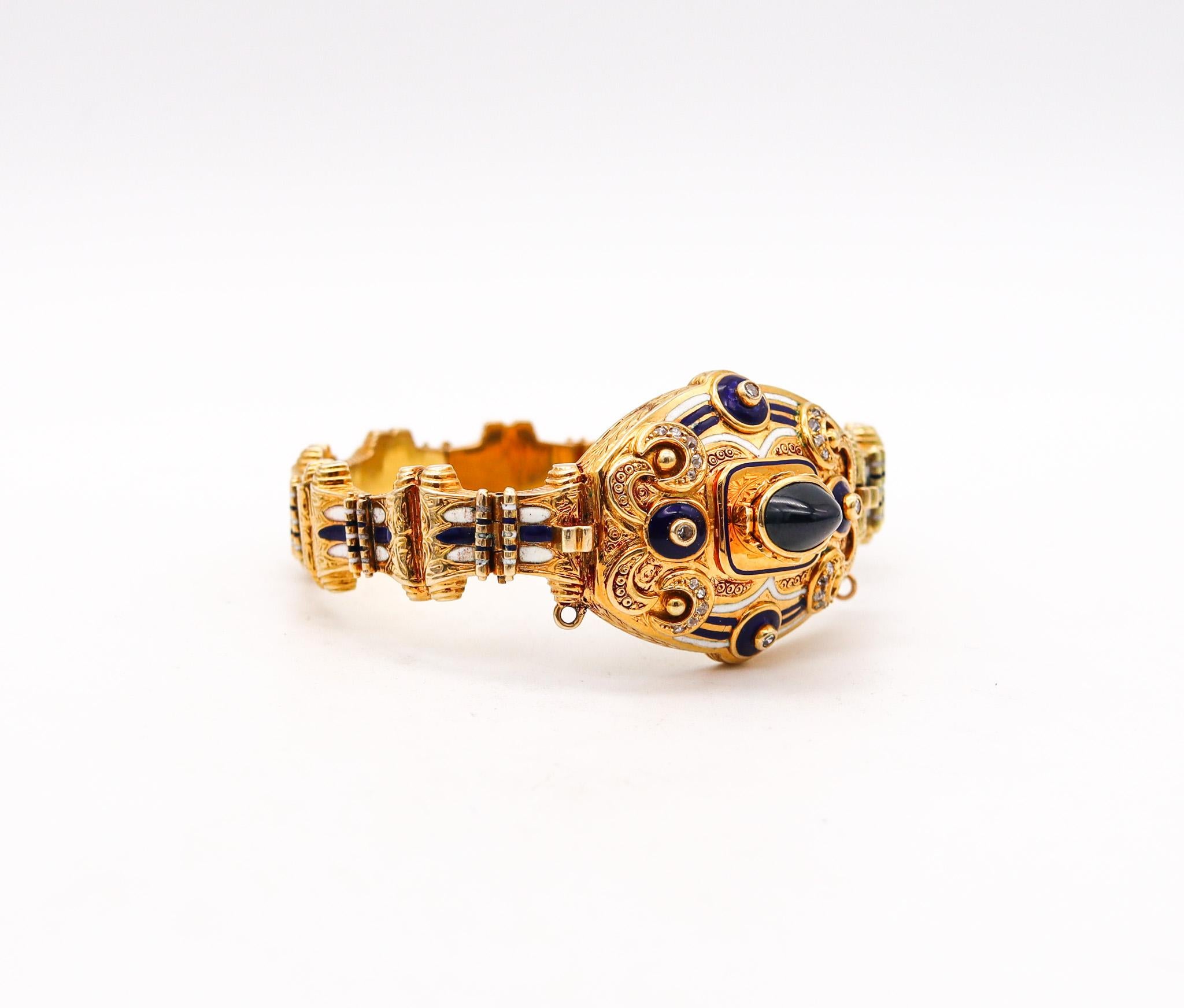Sugarloaf Cabochon Edwardian 1900 Enameled Bracelet In 18Kt Yellow Gold With Sapphires And Diamonds For Sale