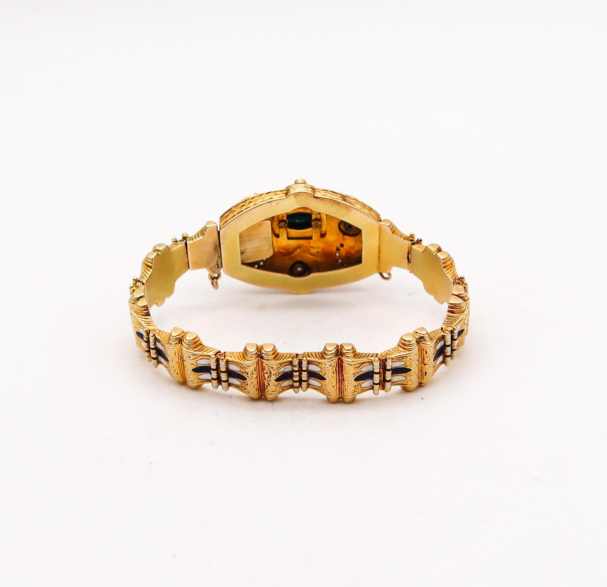 Edwardian 1900 Enameled Bracelet In 18Kt Yellow Gold With Sapphires And Diamonds In Excellent Condition For Sale In Miami, FL