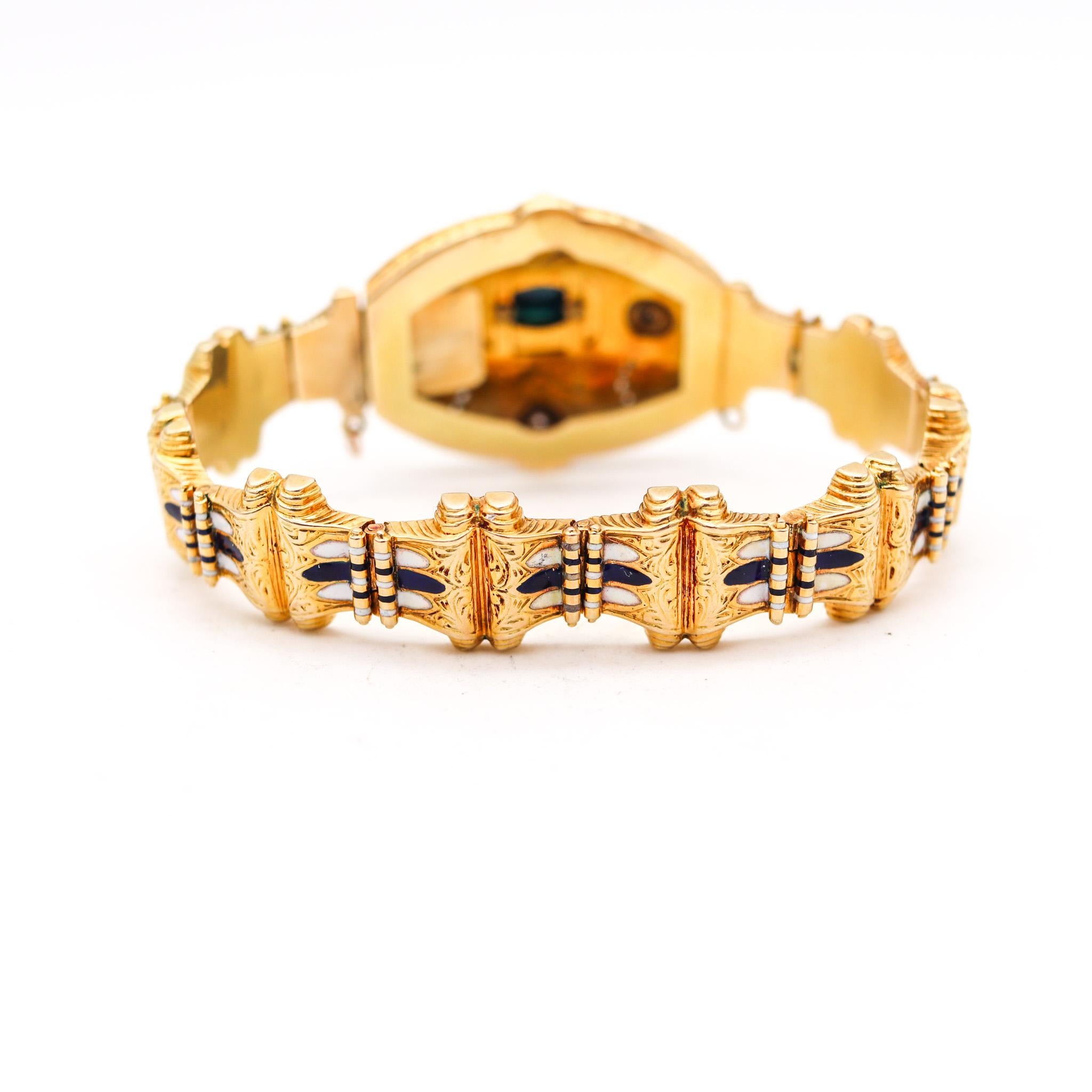 Emailliertes edwardianisches 1900er emailliertes Armband aus 18 Karat Gelbgold mit Saphiren und Diamanten im Zustand „Hervorragend“ im Angebot in Miami, FL