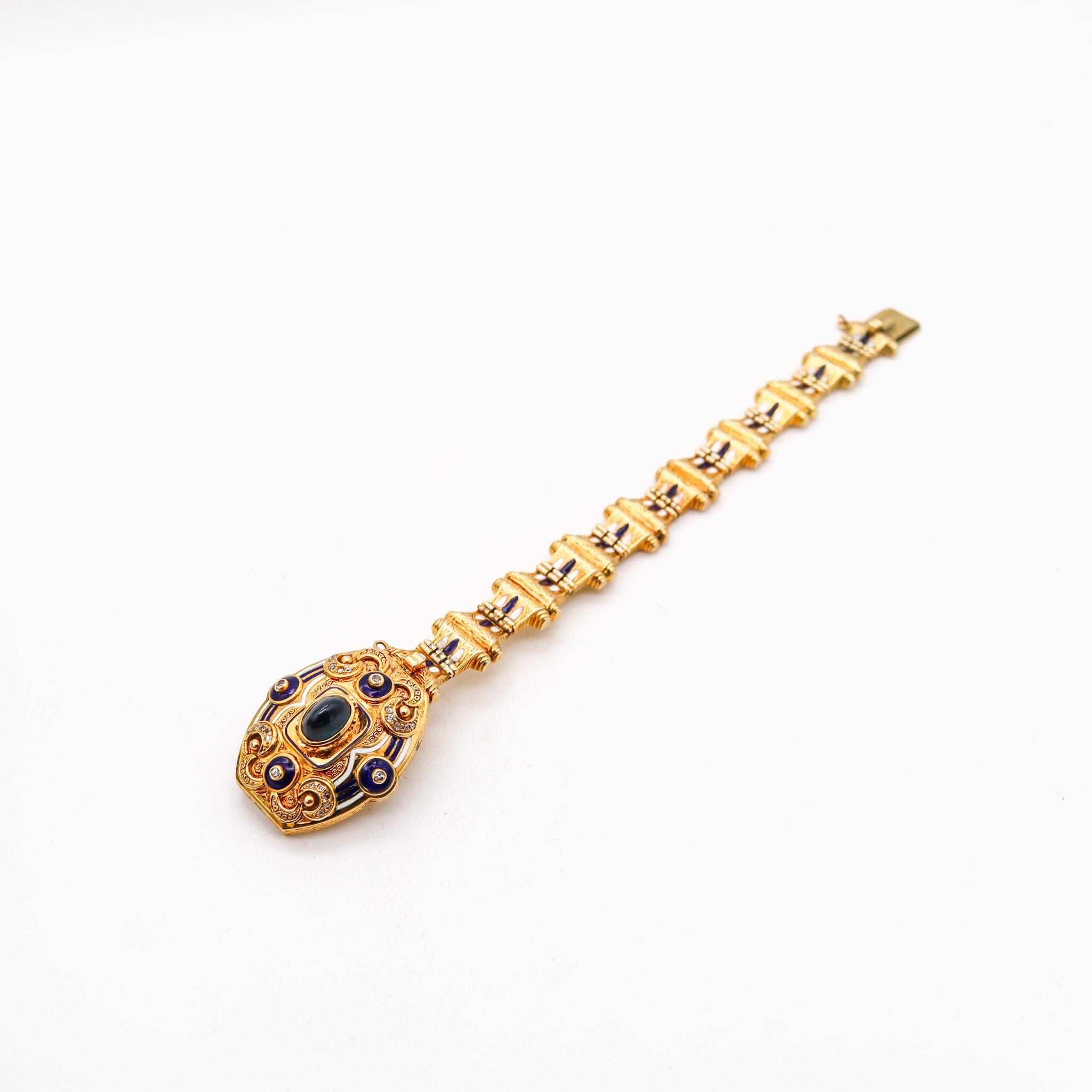 Edwardian 1900 Enameled Bracelet In 18Kt Yellow Gold With Sapphires And Diamonds For Sale 1