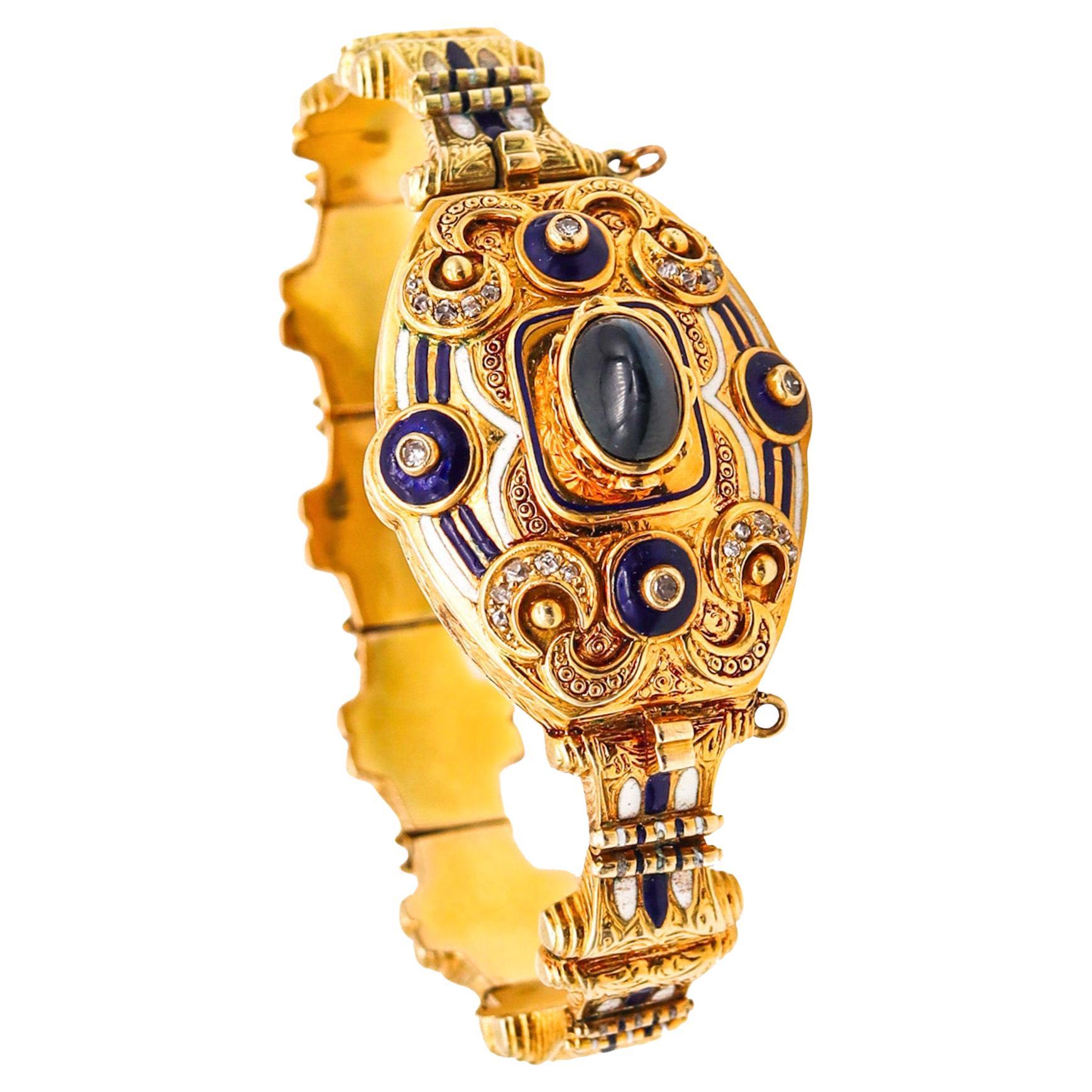 Edwardian 1900 Enameled Bracelet In 18Kt Yellow Gold With Sapphires And Diamonds For Sale