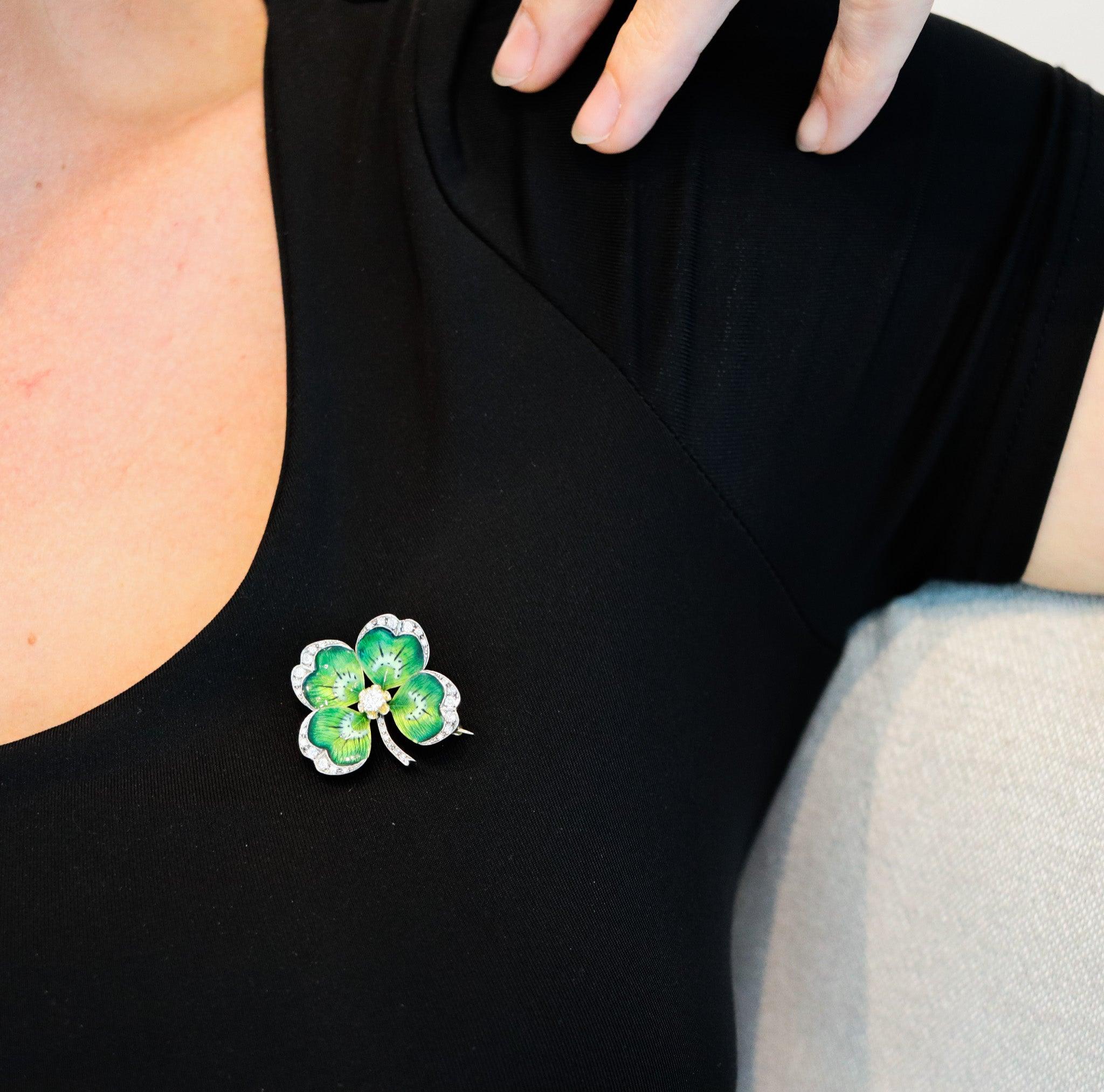 Edwardian green enameled four-leaves Clover convertible brooch.

An extremely beautiful piece, created in America during the Edwardian and the Art Nouveau periods, back in the 1900-1910. This outstanding multi purpose pendant-brooch has been