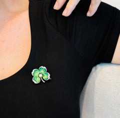 EDWARDIAN 1900 Enameled Four-Leaves Clover Pendant Brooch 18Kt Gold With Diamond