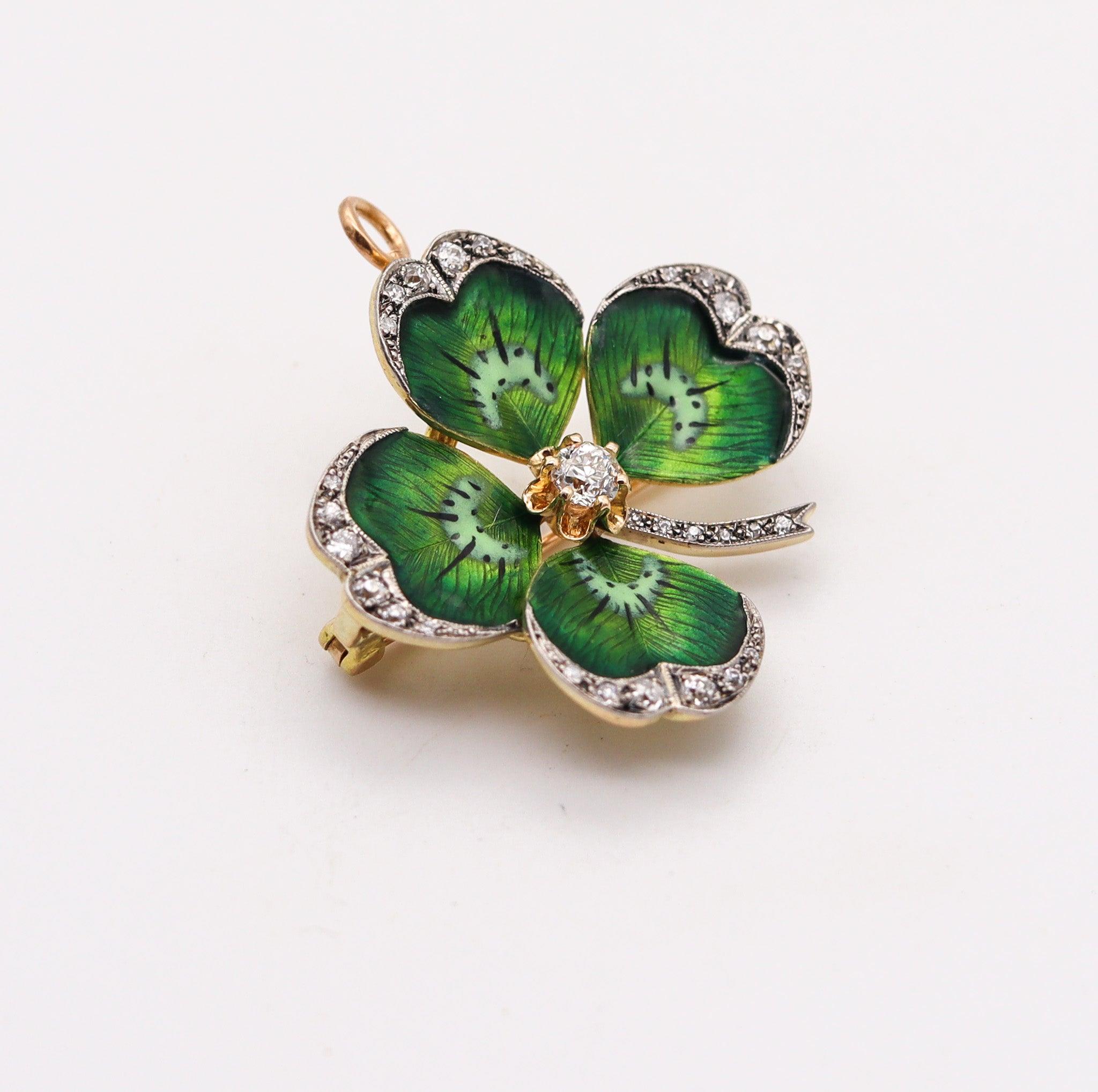 Old European Cut EDWARDIAN 1900 Enameled Four-Leaves Clover Pendant Brooch 18Kt Gold With Diamond