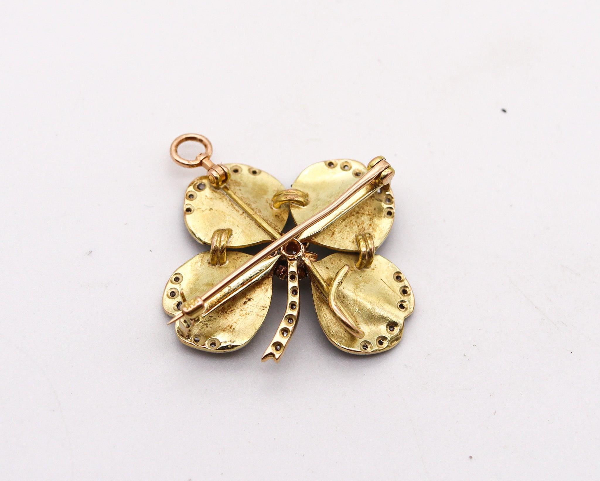 EDWARDIAN 1900 Enameled Four-Leaves Clover Pendant Brooch 18Kt Gold With Diamond In Excellent Condition In Miami, FL